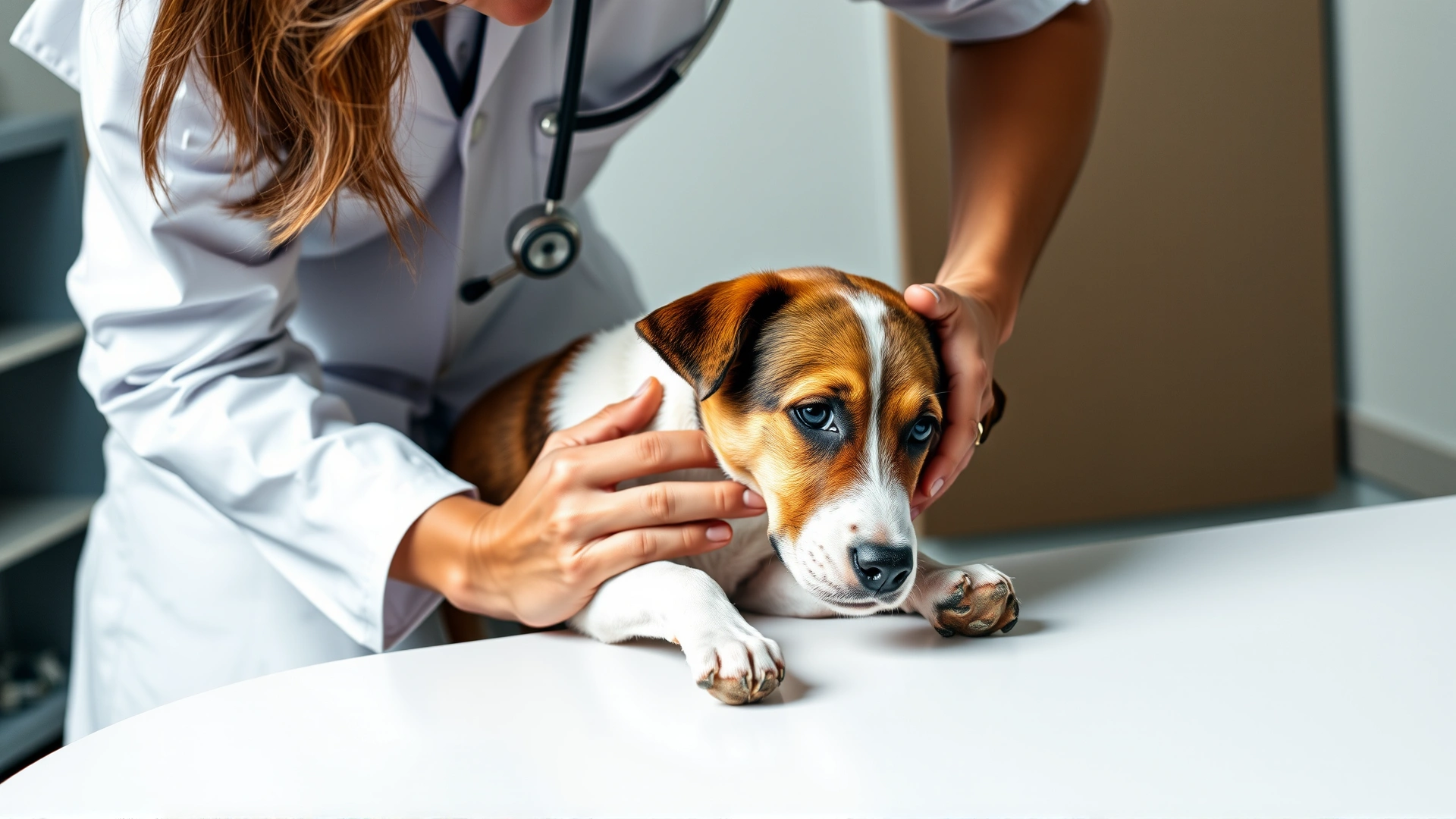 Veterinarian kneeling beside a calm dog on an examination table, gently inspecting the dog's front paw with a stethoscope visible around the vet's neck.