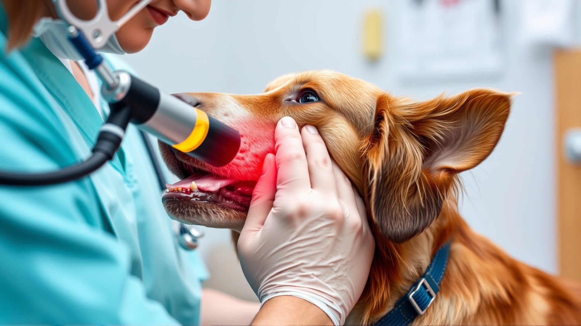 Veterinarian examining a dog’s inflamed ear with an otoscope in a clinical setting