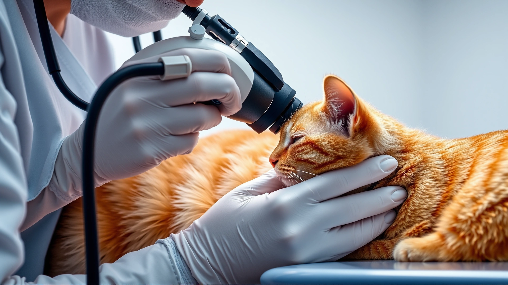 Veterinarian in a clinical setting using an ophthalmoscope to examine a calm ginger cat's eye on an examination table, bright clinic lighting