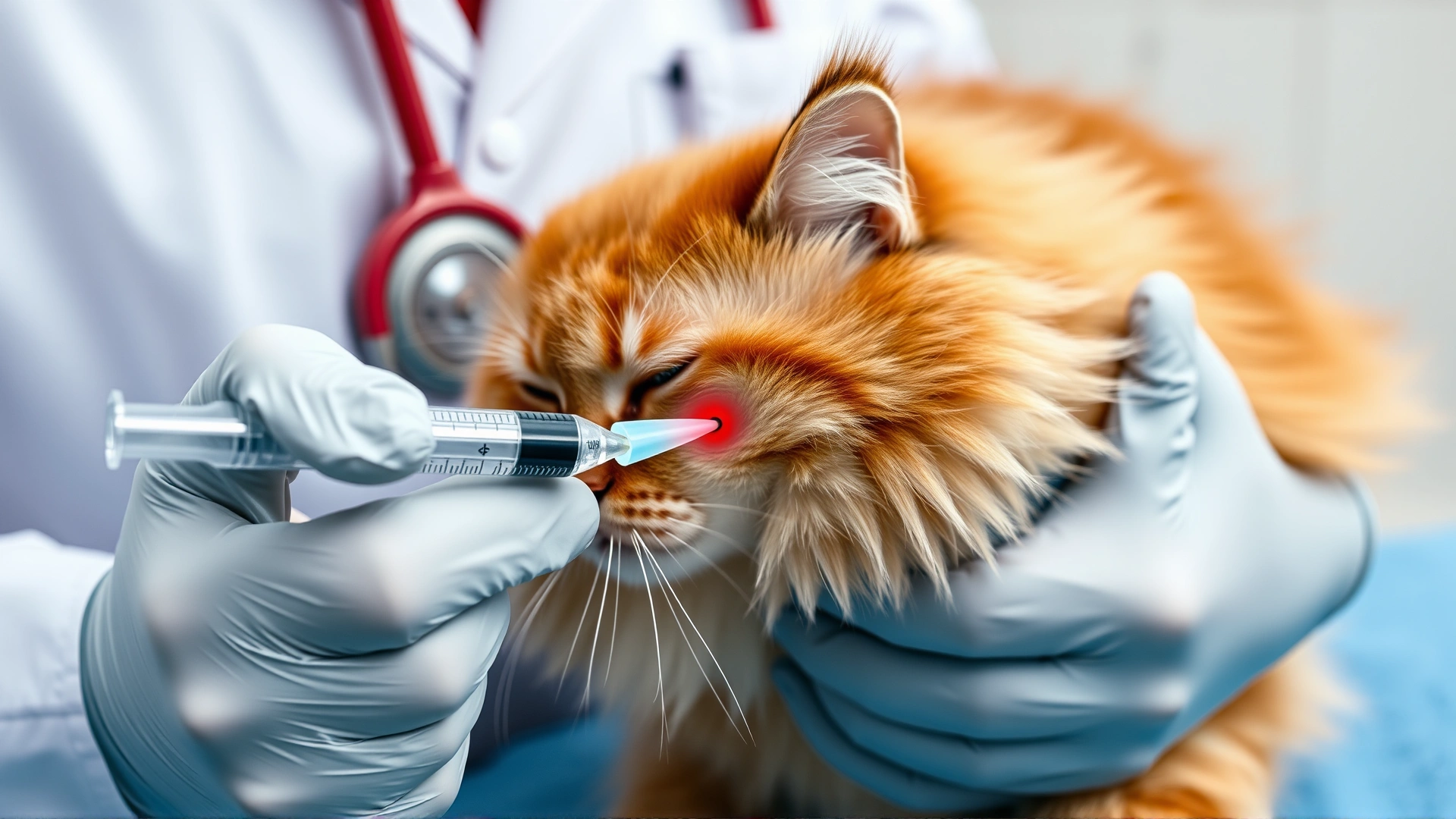 Veterinarian performing fine-needle aspiration on a cat's skin nodule using syringe, gentle restraint, clinical setting.