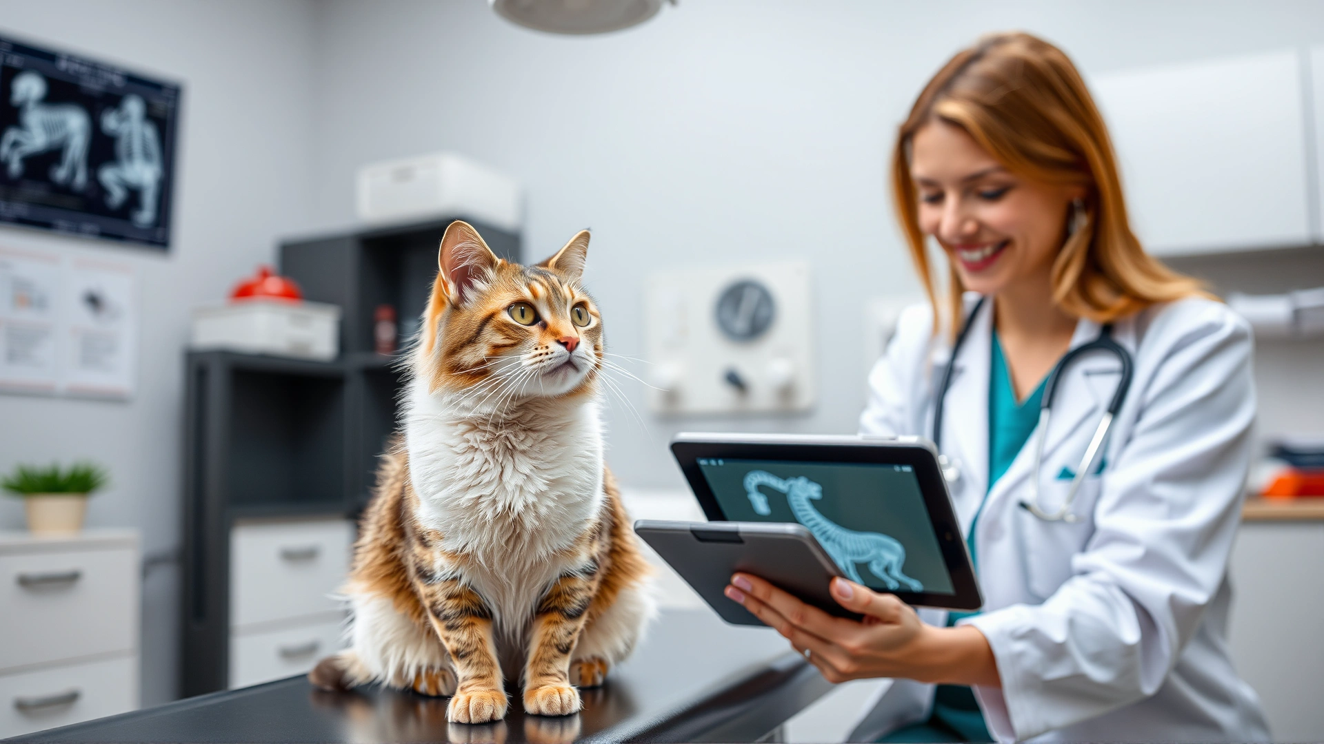 Cat sitting on examination table while veterinarian reviews X-ray or chart on a tablet, friendly interaction, bright clinic environment