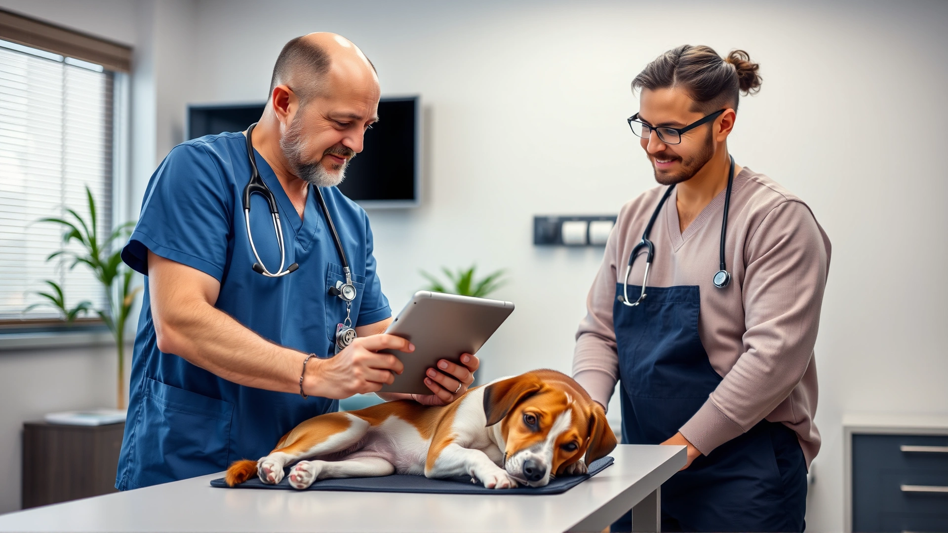A veterinarian reviewing a pet’s medical chart on a tablet with the pet owner beside him and a relaxed dog on the table, modern clinic interior.