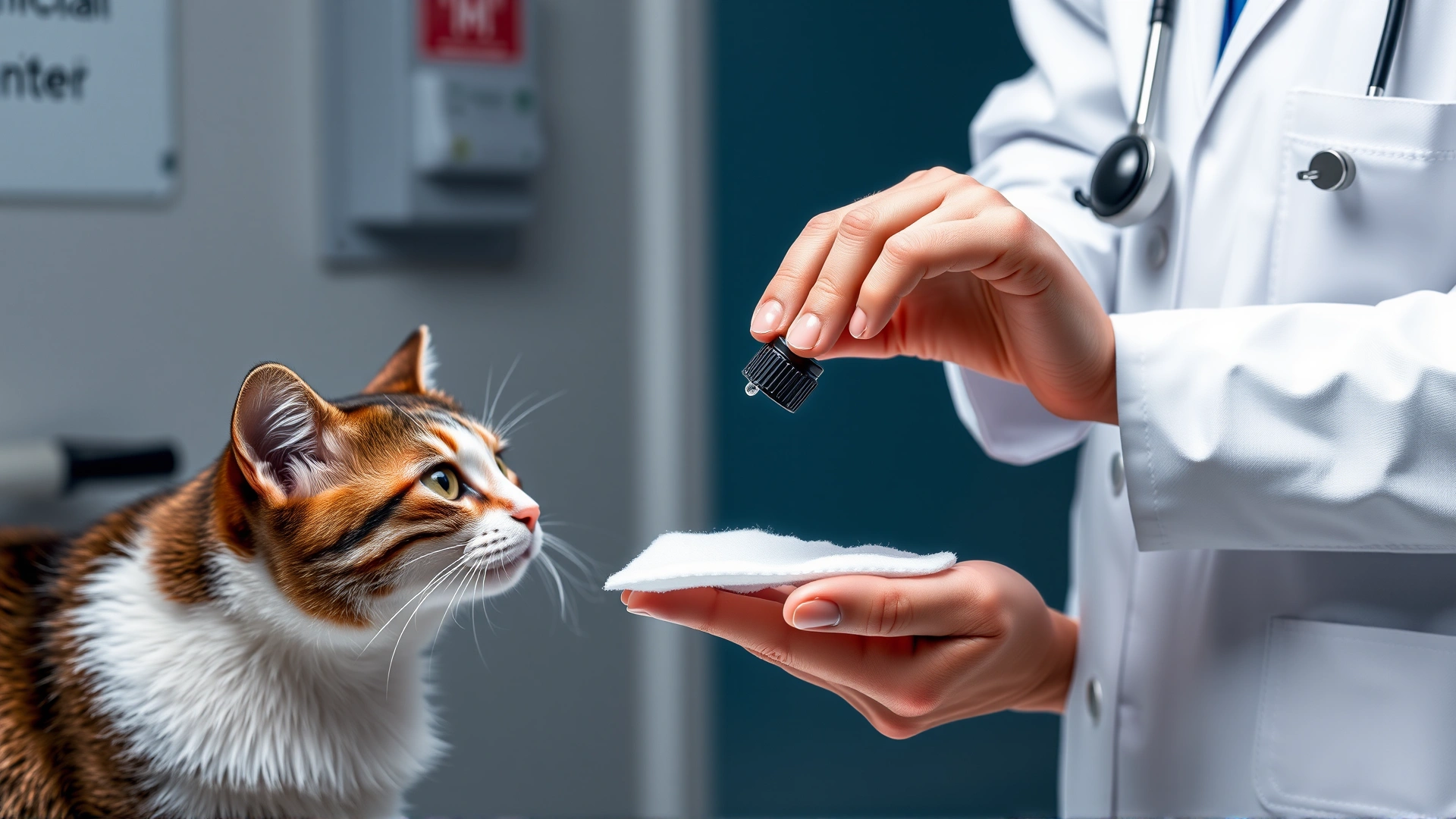 Veterinarian in white coat placing a single drop of essential oil onto a cotton pad while a cat watches from safe distance, clinical setting, no text.