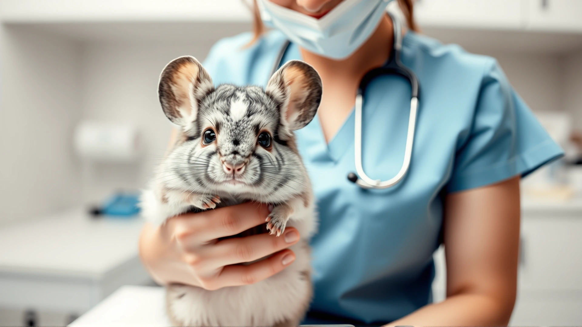 Veterinarian carefully holding a chinchilla on an examination table, stethoscope visible, bright clinical environment