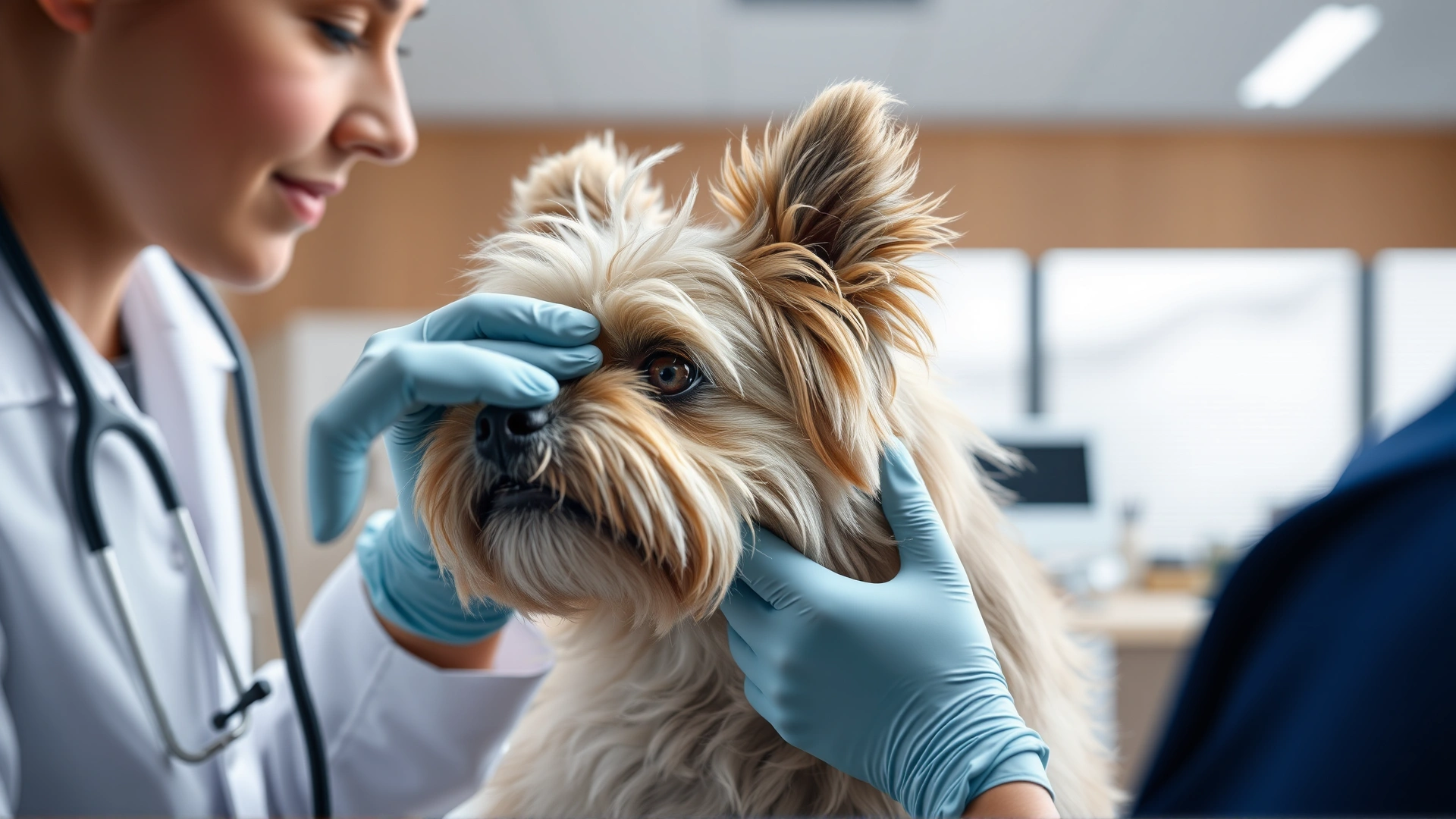 Veterinarian examining a Lhasa Apso's eyes in a modern clinic, close-up view with caring atmosphere