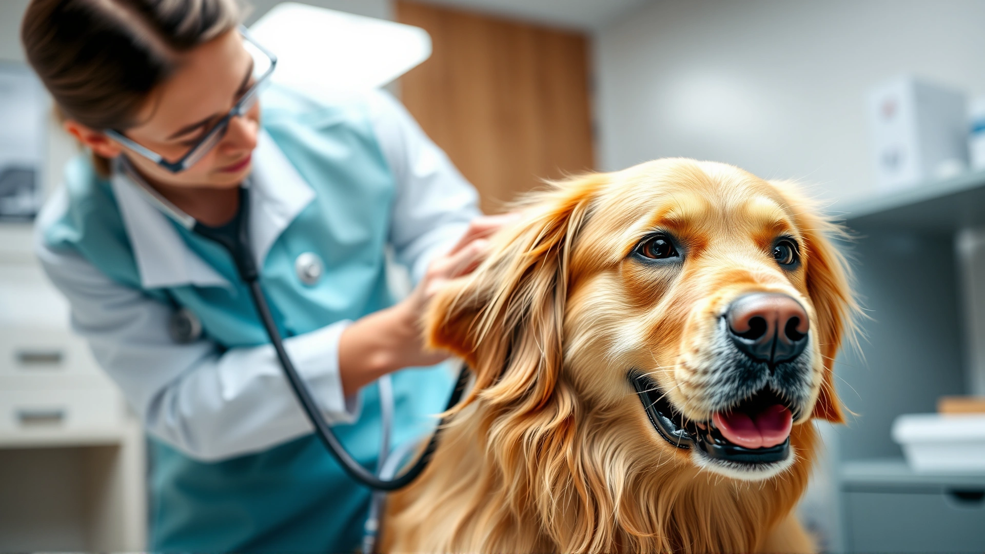 Veterinarian using a stethoscope to listen to a golden retriever's chest in a modern clinic; professional setting, dog calm