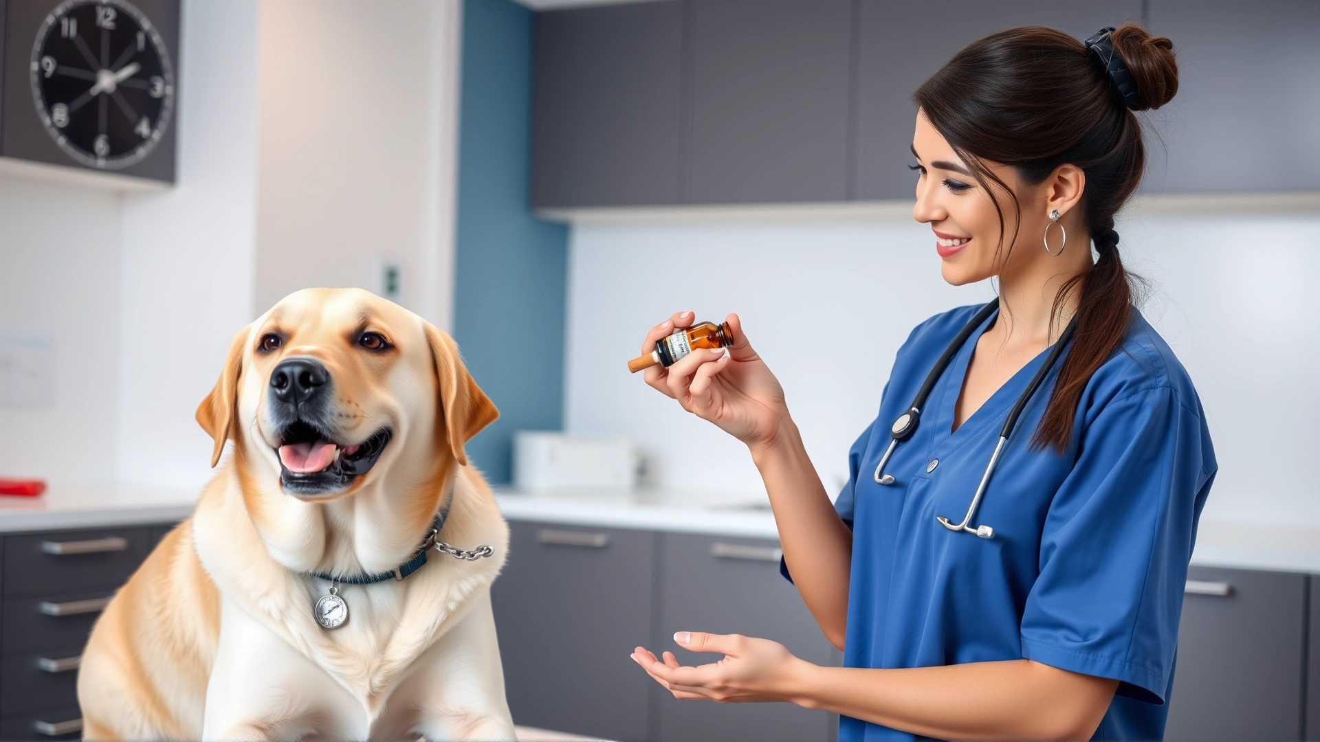 Female veterinarian in a modern clinic gently presenting a small amber pill bottle (no text) while a cheerful Labrador retriever sits on the exam table