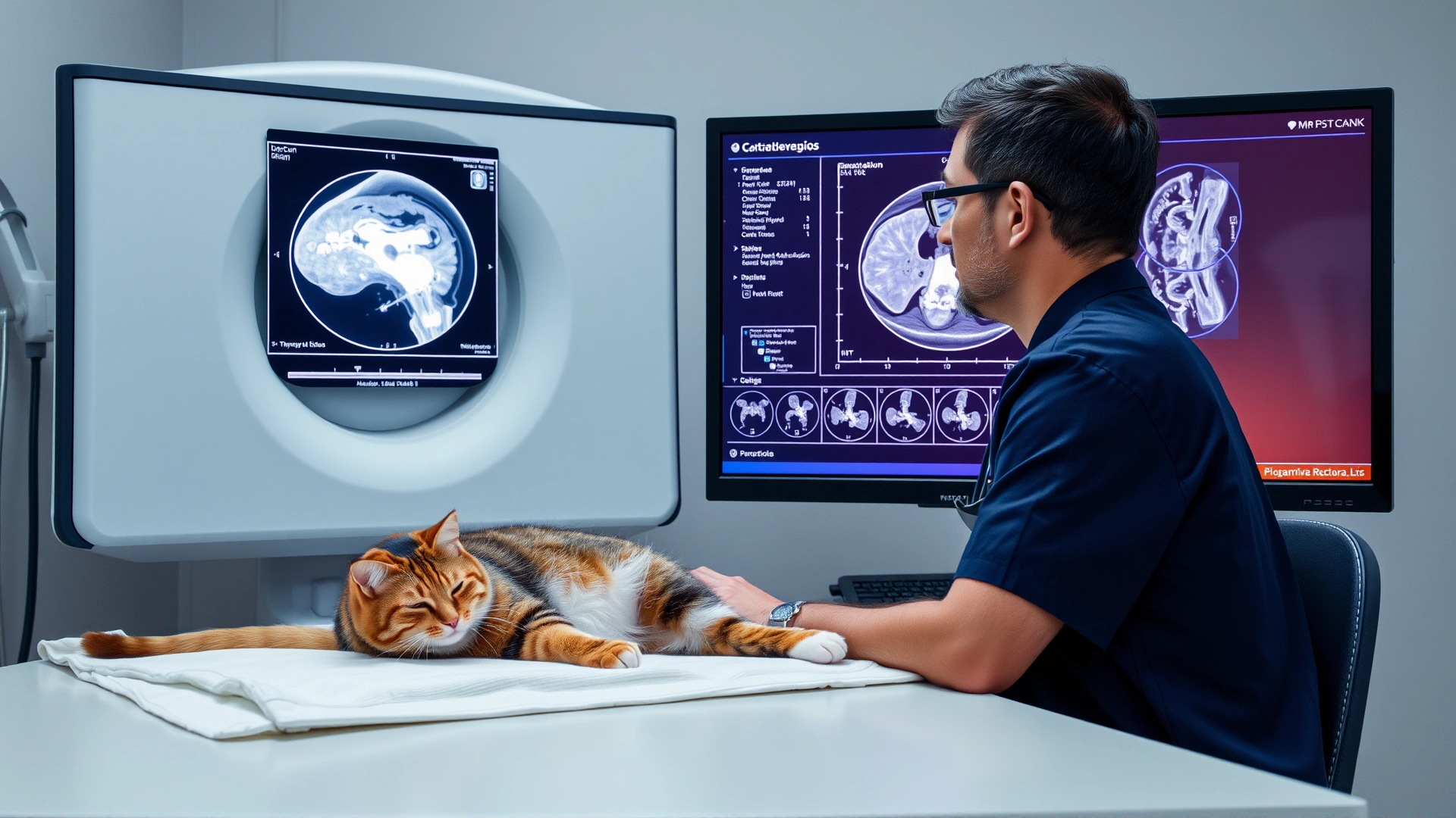 Veterinarian reviewing an MRI scan on a large monitor with a sedated cat lying on the examination table nearby