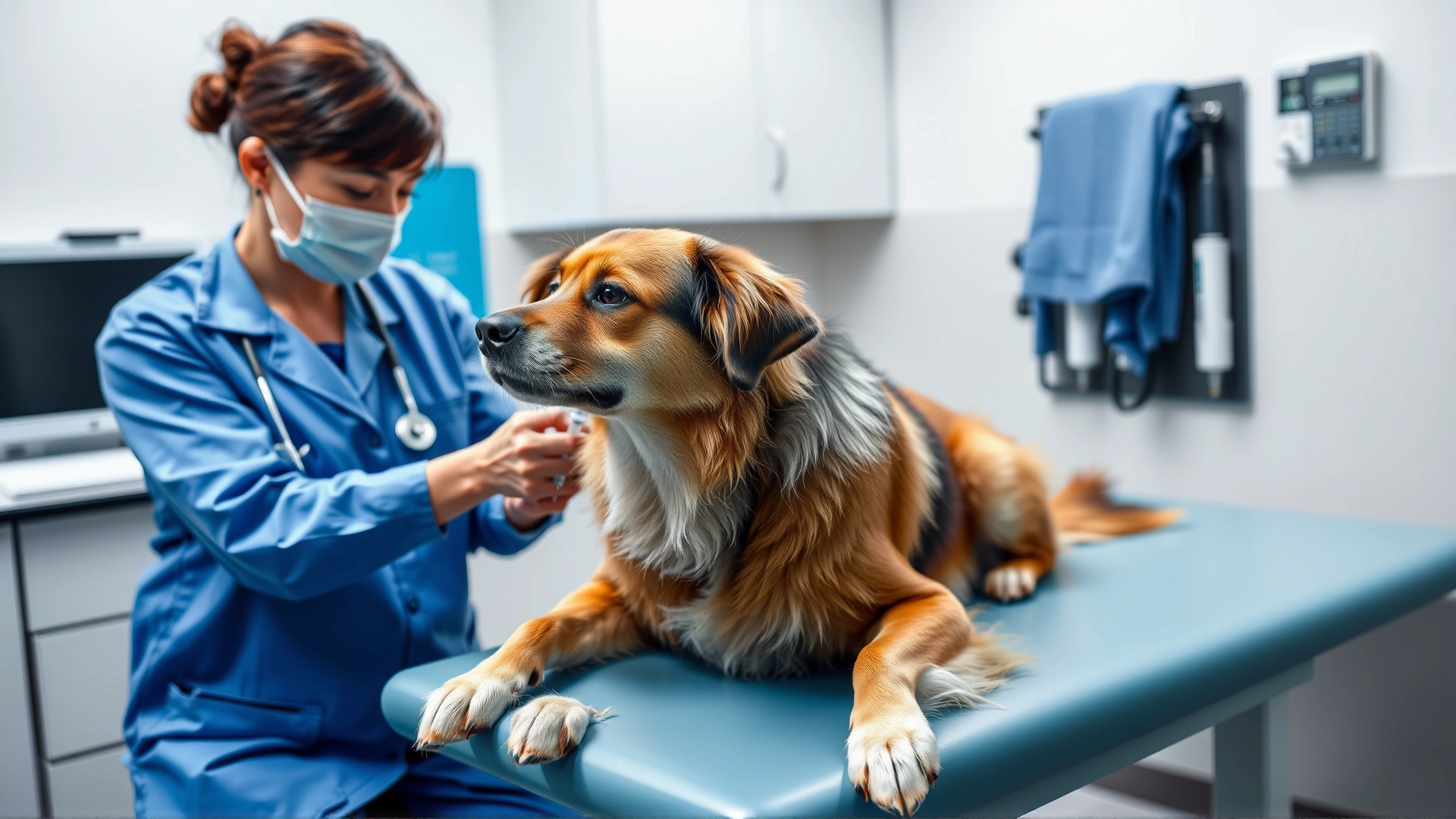 Veterinarian in a clinic gently administering an injection to a calm medium-sized dog on the exam table.