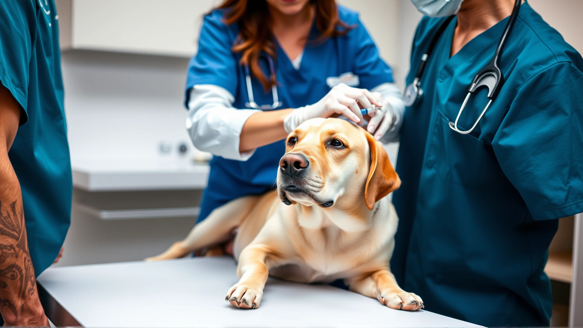 Veterinarian in scrubs administering a subcutaneous injection to a calm Labrador Retriever on a clinic table, owner gently holding the dog