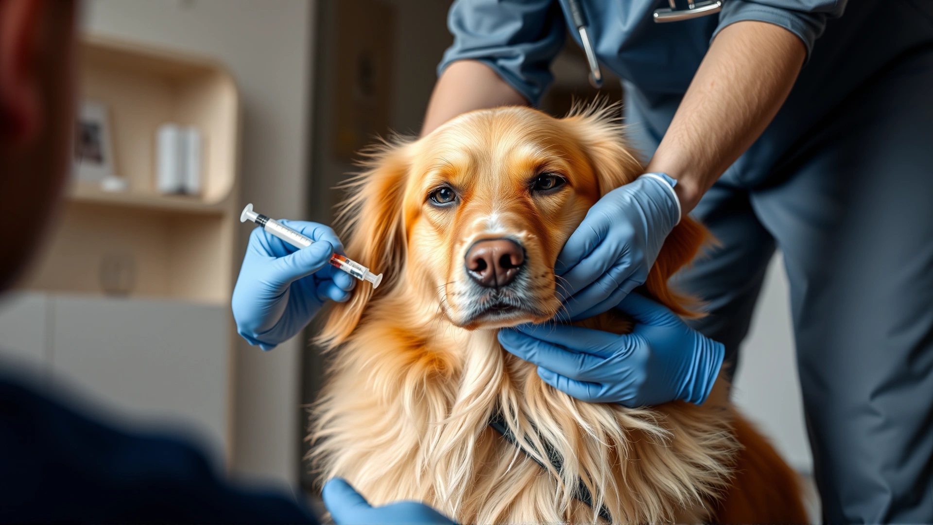 Veterinarian gently administering a subcutaneous injection to a calm golden retriever in a modern clinic setting, focus on professionalism and care, no text on image