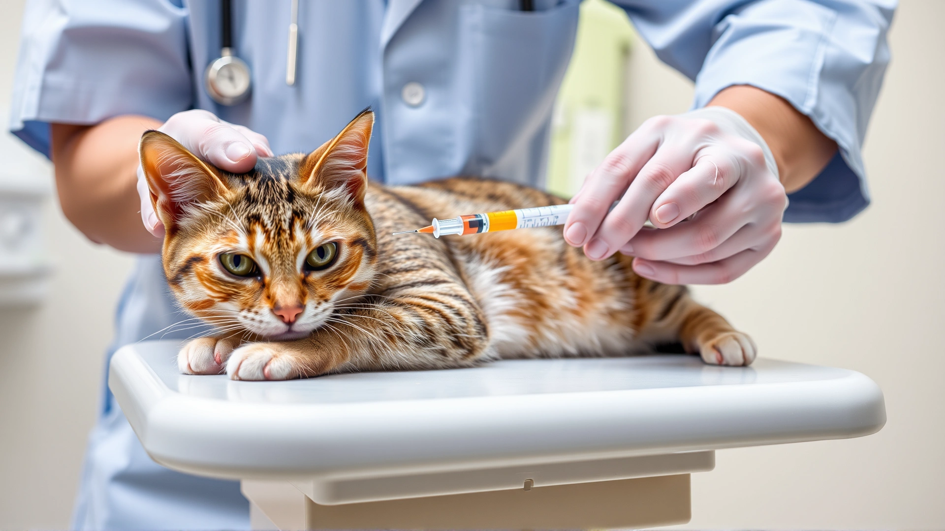 Veterinarian gently administering a subcutaneous injection to a calm domestic short-hair cat on a clinic exam table