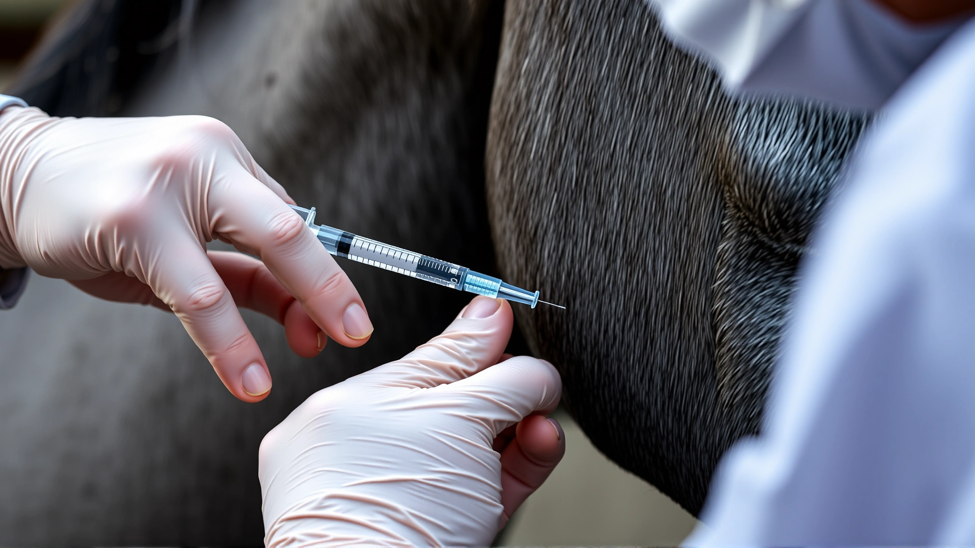 Veterinarian giving an intravenous injection to a grey horse’s jugular vein using sterile technique; close-up on hands and syringe.