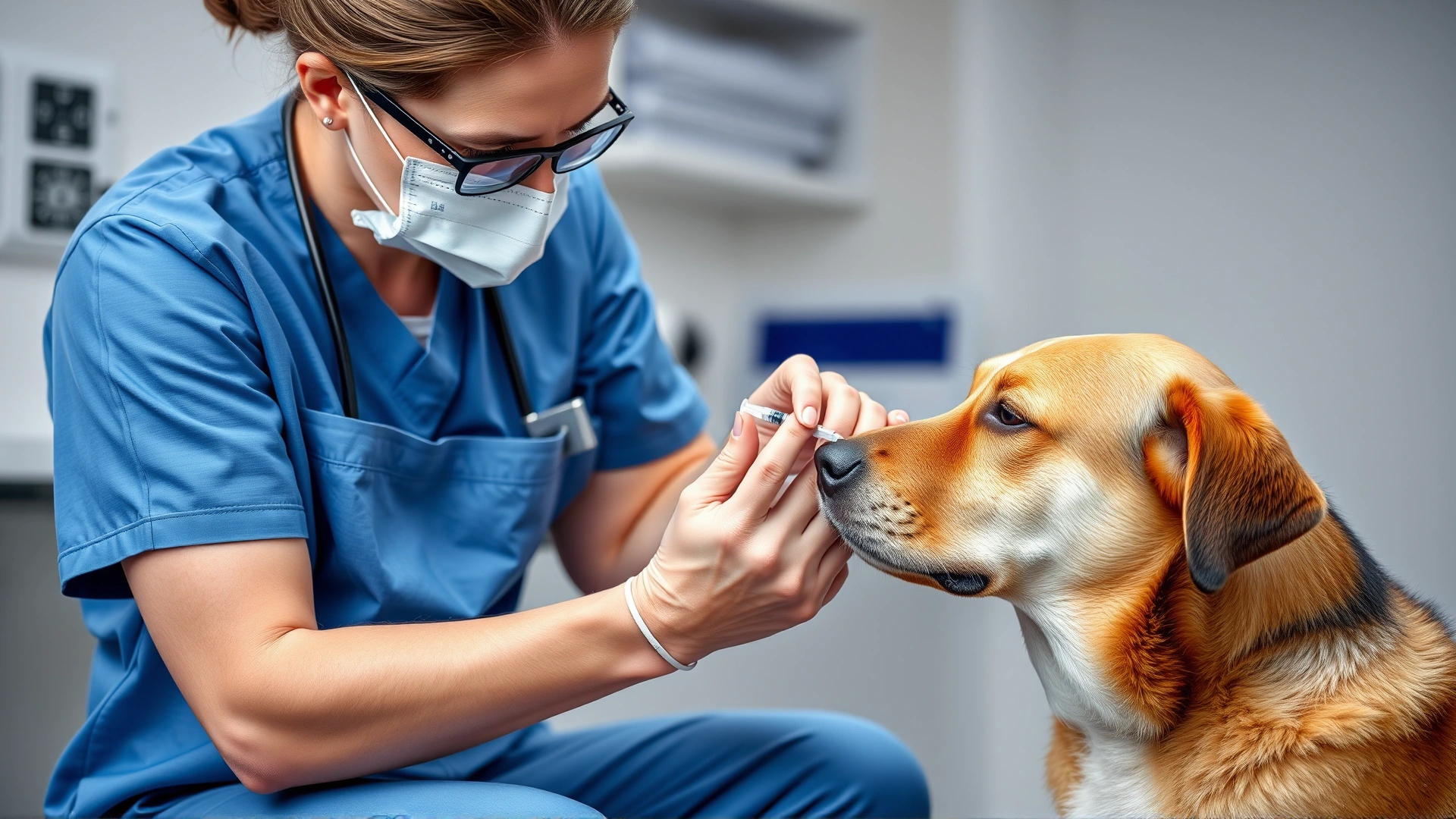 Veterinarian in blue scrubs administering subcutaneous injection to a calm adult dog in a clinic.