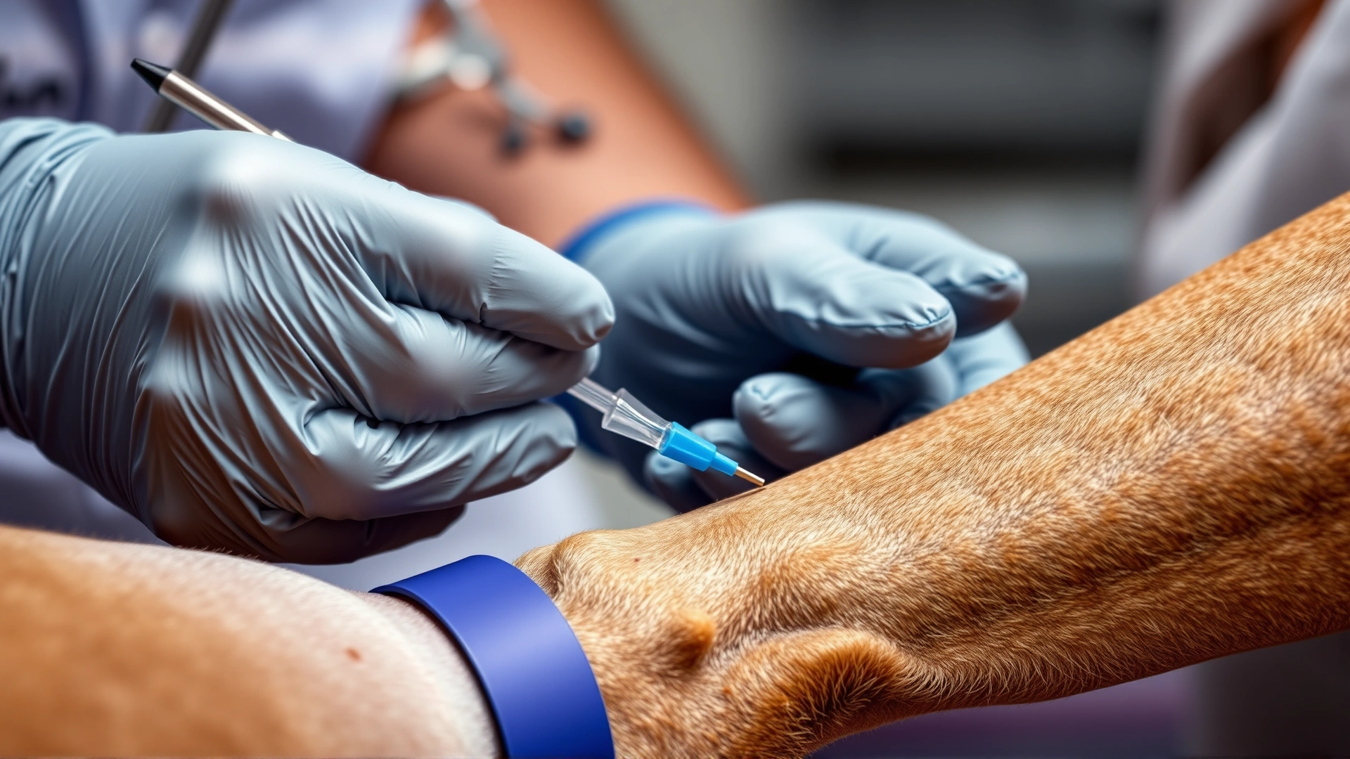 Close-up shot of a veterinarian wearing gloves while inserting an IV catheter into a dog's shaved foreleg.