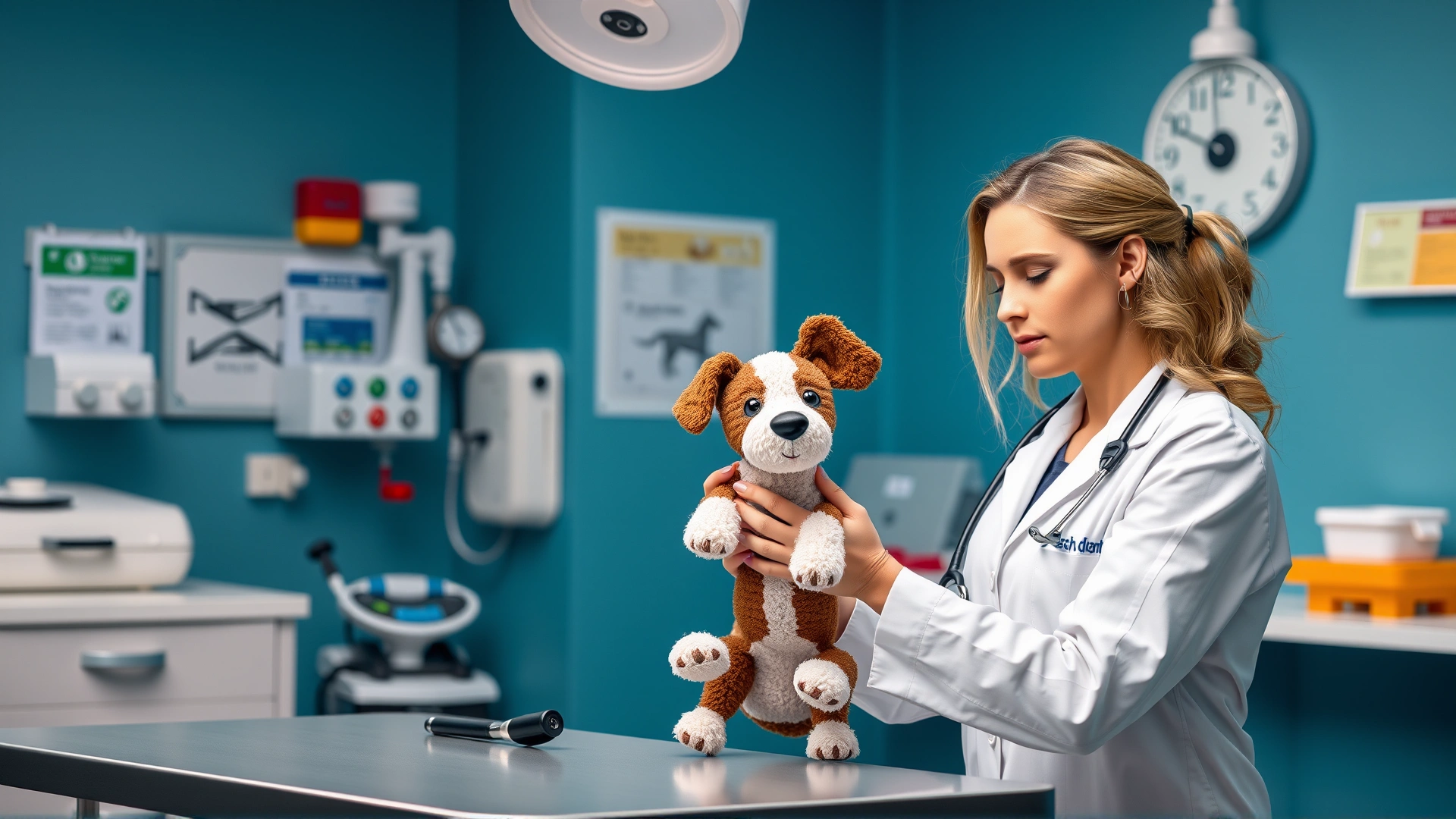 Female veterinarian in a white coat examining a dog toy at a clinic table with medical equipment in the background