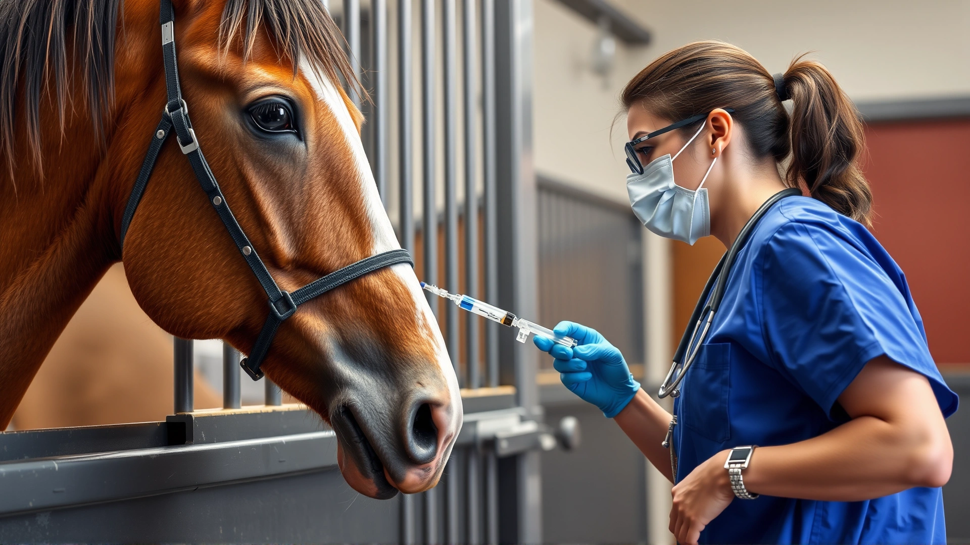 Veterinarian administering intravenous fluids through a jugular catheter to a horse inside a clinic stall, showcasing critical care treatment.