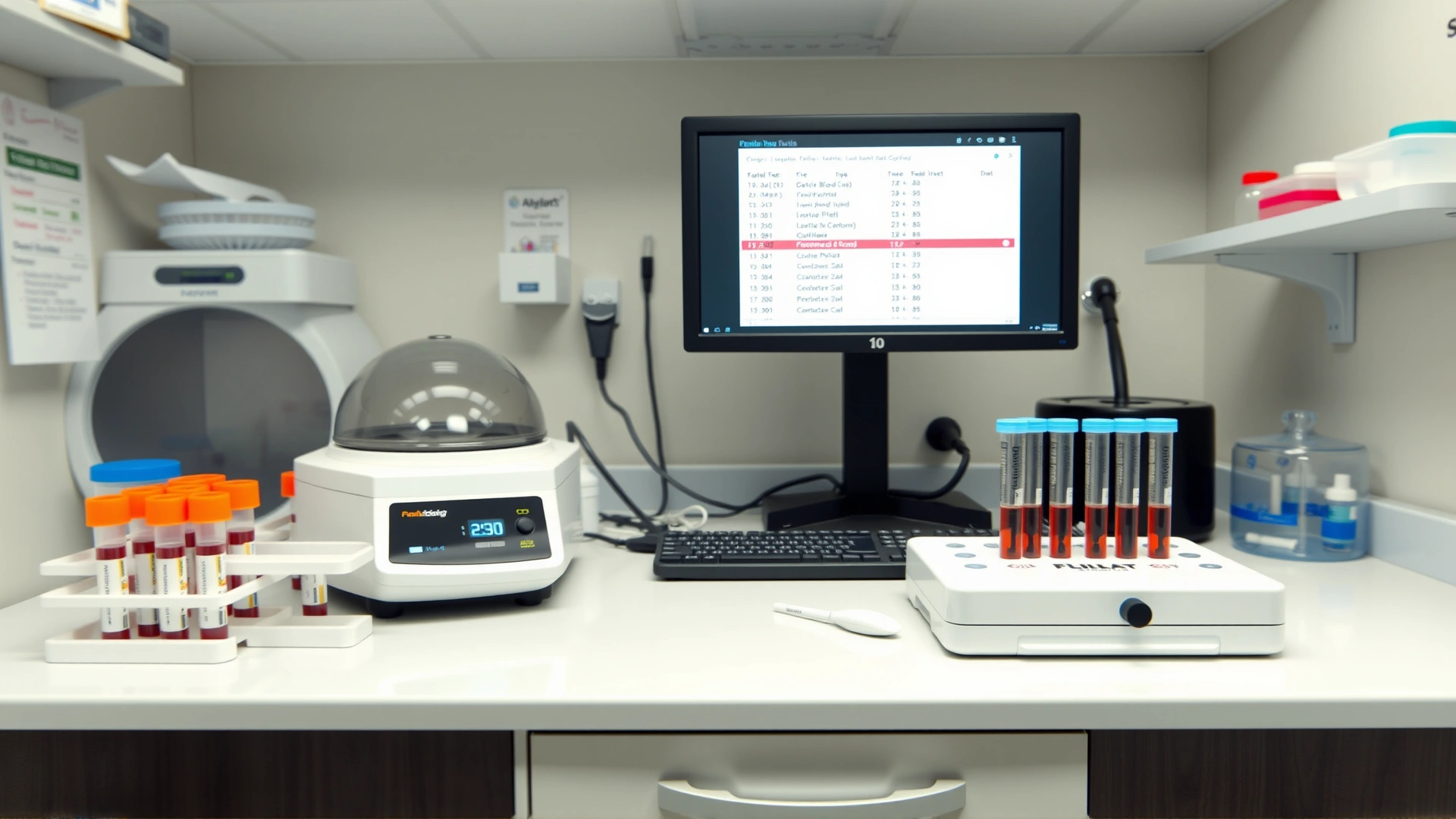 Modern veterinary laboratory bench with blood sample tubes, a centrifuge, and a computer displaying feline blood test results (blurred text)