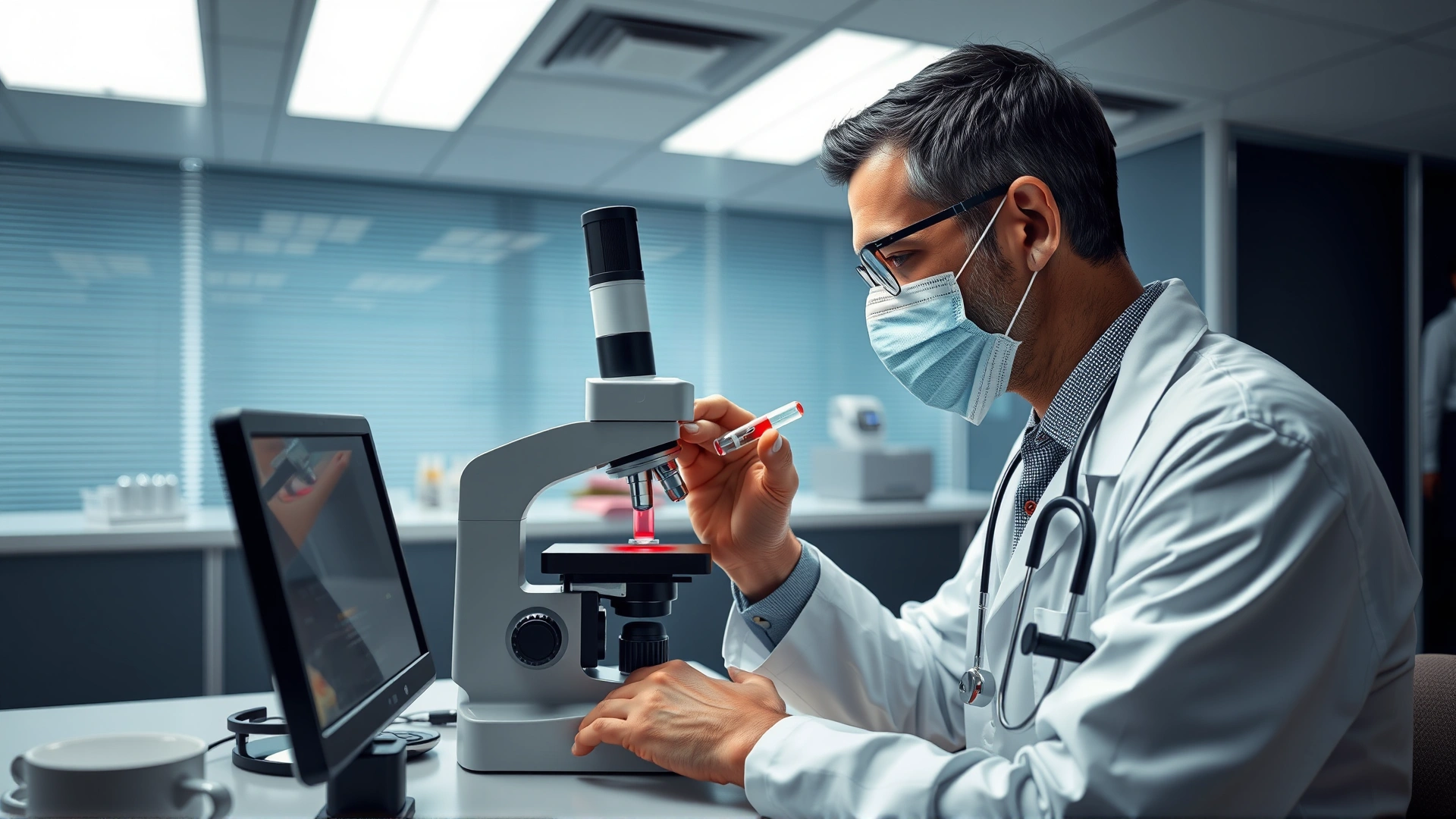 Veterinarian examining a blood sample under a microscope in a modern clinic
