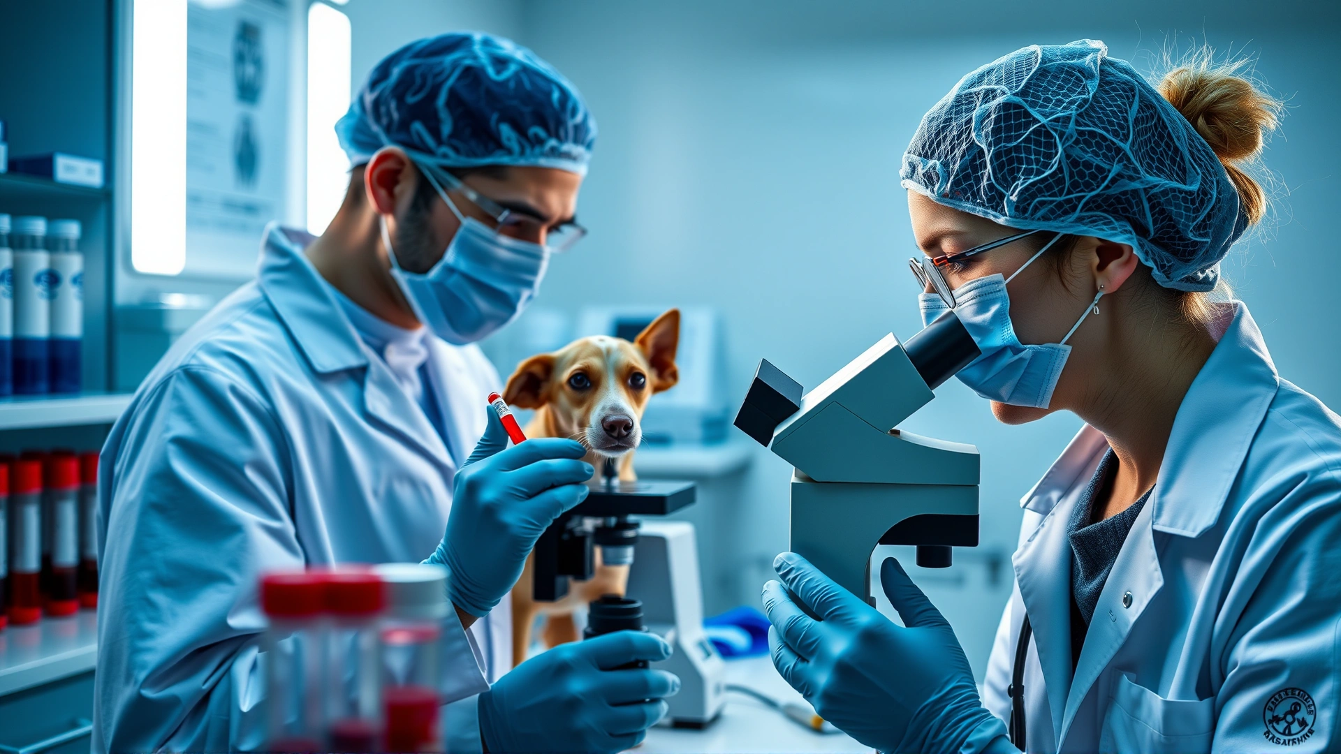 A veterinary technician in a lab setting examining a canine blood sample under a microscope, blood tubes and lab equipment visible, no text.
