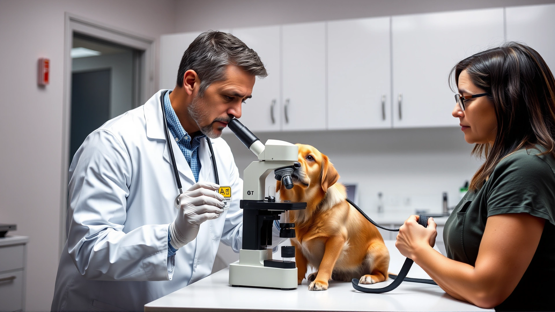 Veterinarian in white coat examining a urine sample under a microscope while a concerned pet owner holds a leash with their dog nearby, modern veterinary lab setting.