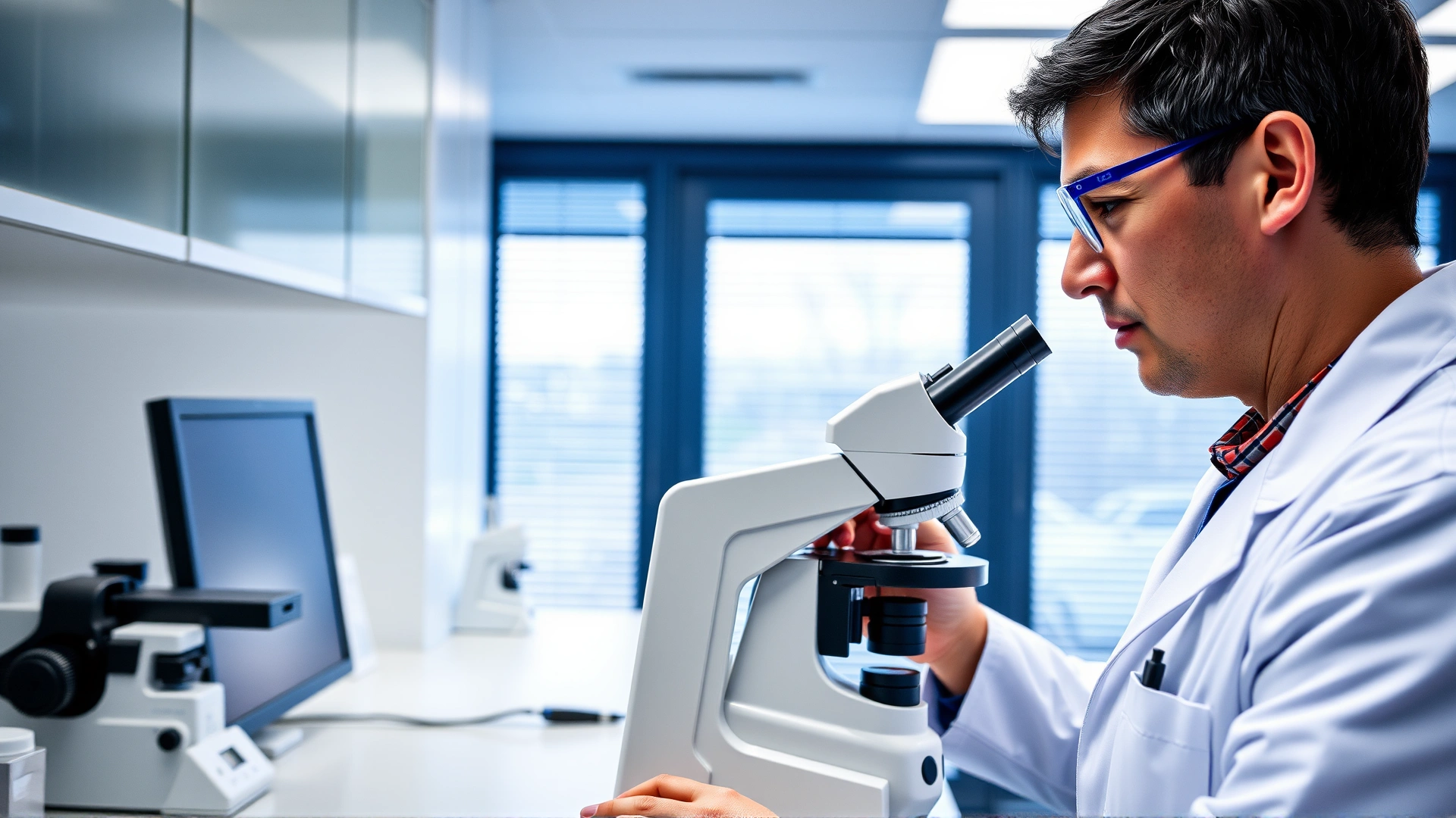 Veterinarian in white coat examining fecal sample under microscope in modern veterinary lab.