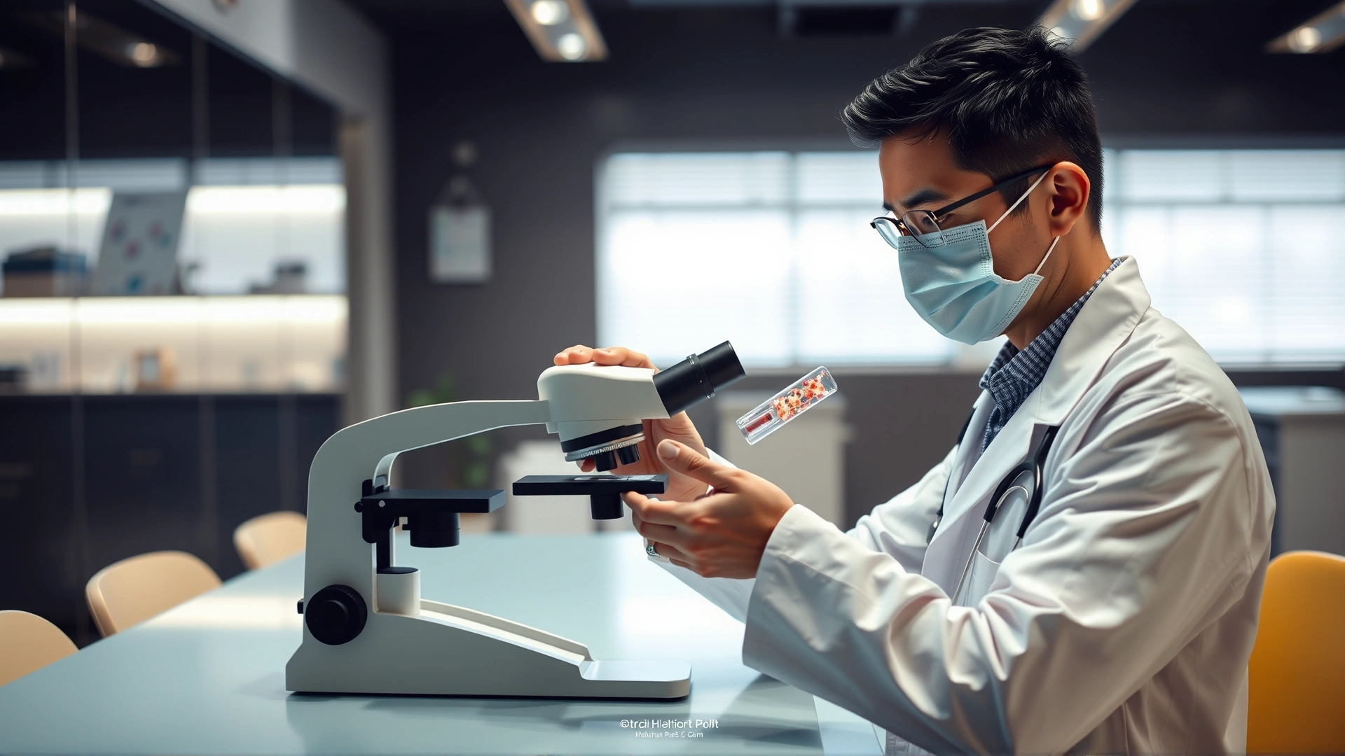 Veterinarian in a white coat examining a fecal sample under a microscope in a modern clinic, blurred background, no text