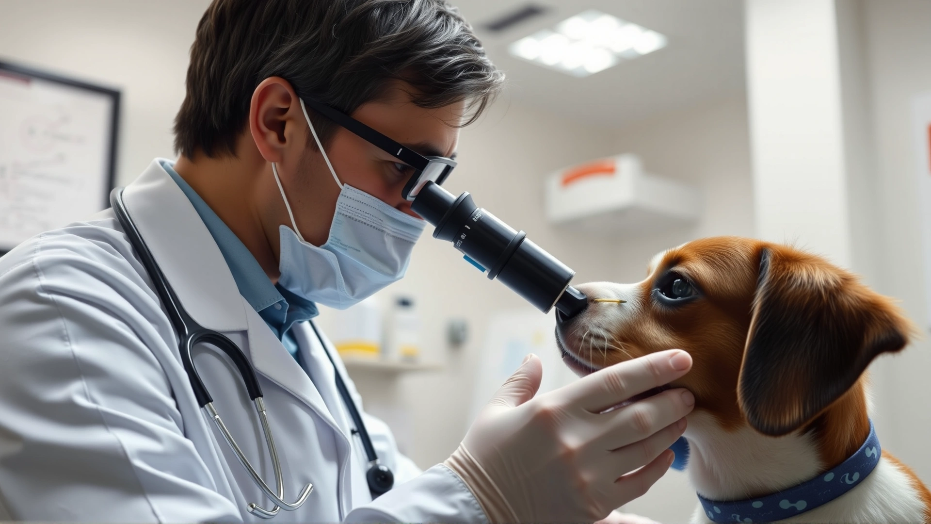 Veterinarian examining an ear swab under a microscope in a well-lit clinic environment.