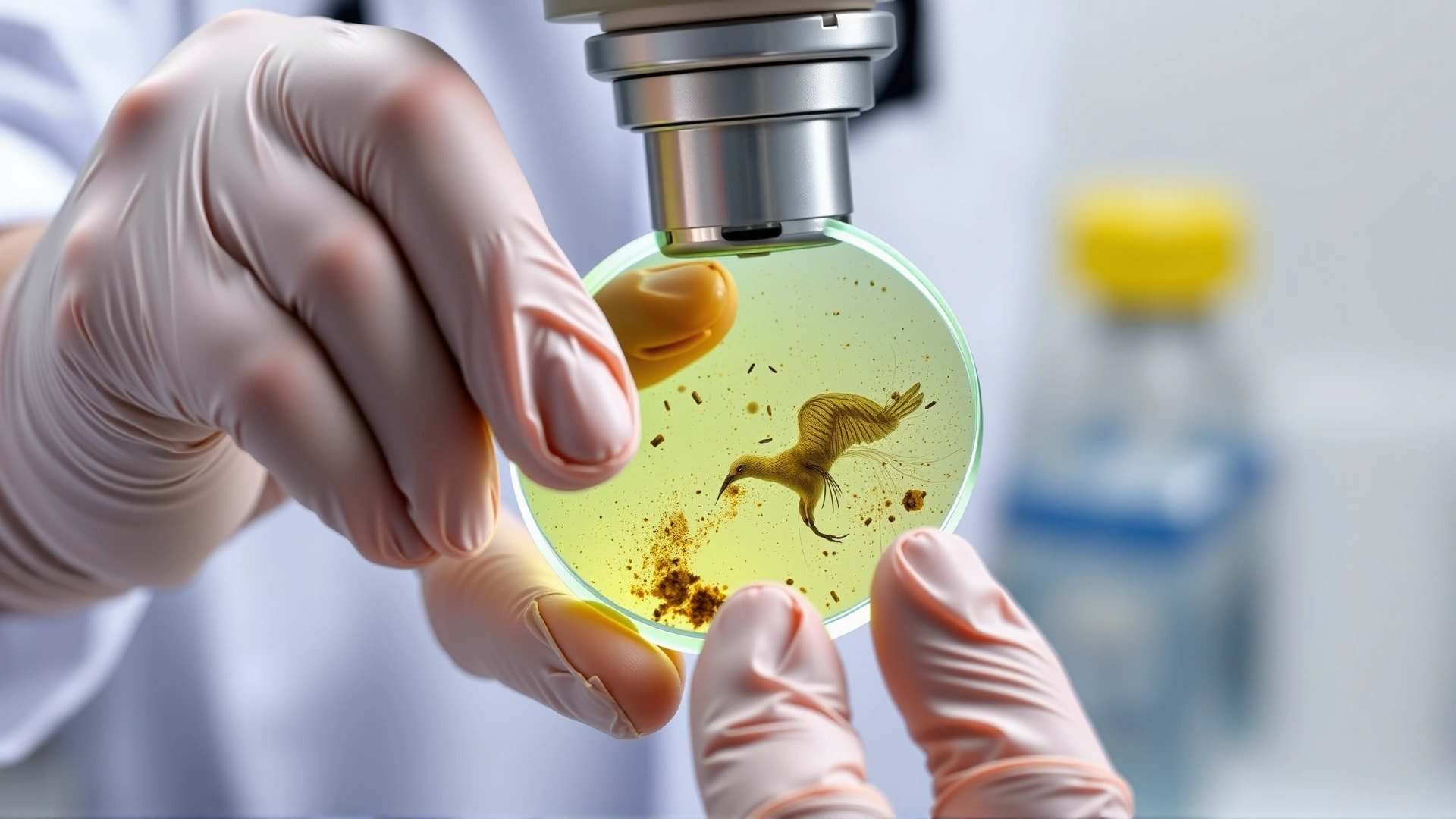 Veterinarian’s gloved hands adjusting a microscope slide containing bird fecal sample in a laboratory setting.