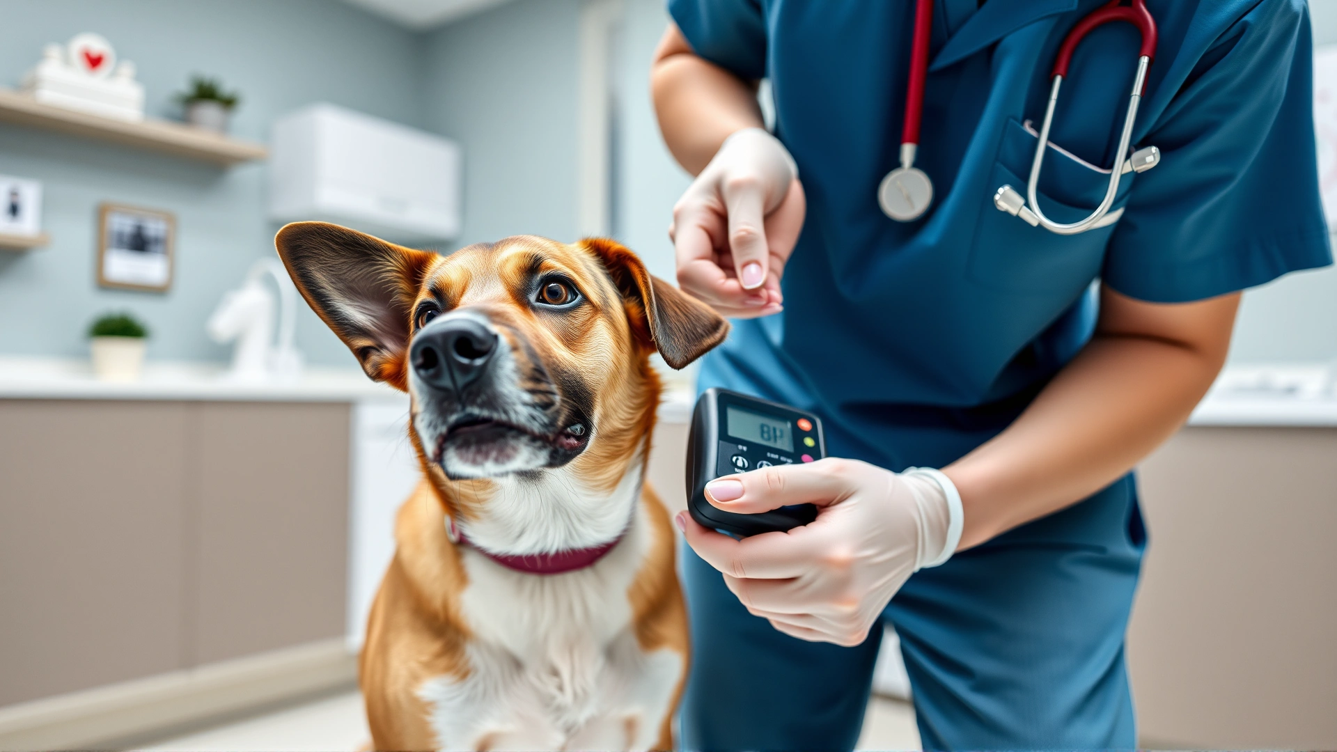 Photo of a veterinarian measuring a dog's blood pressure using a handheld Doppler device and cuff in a modern veterinary clinic