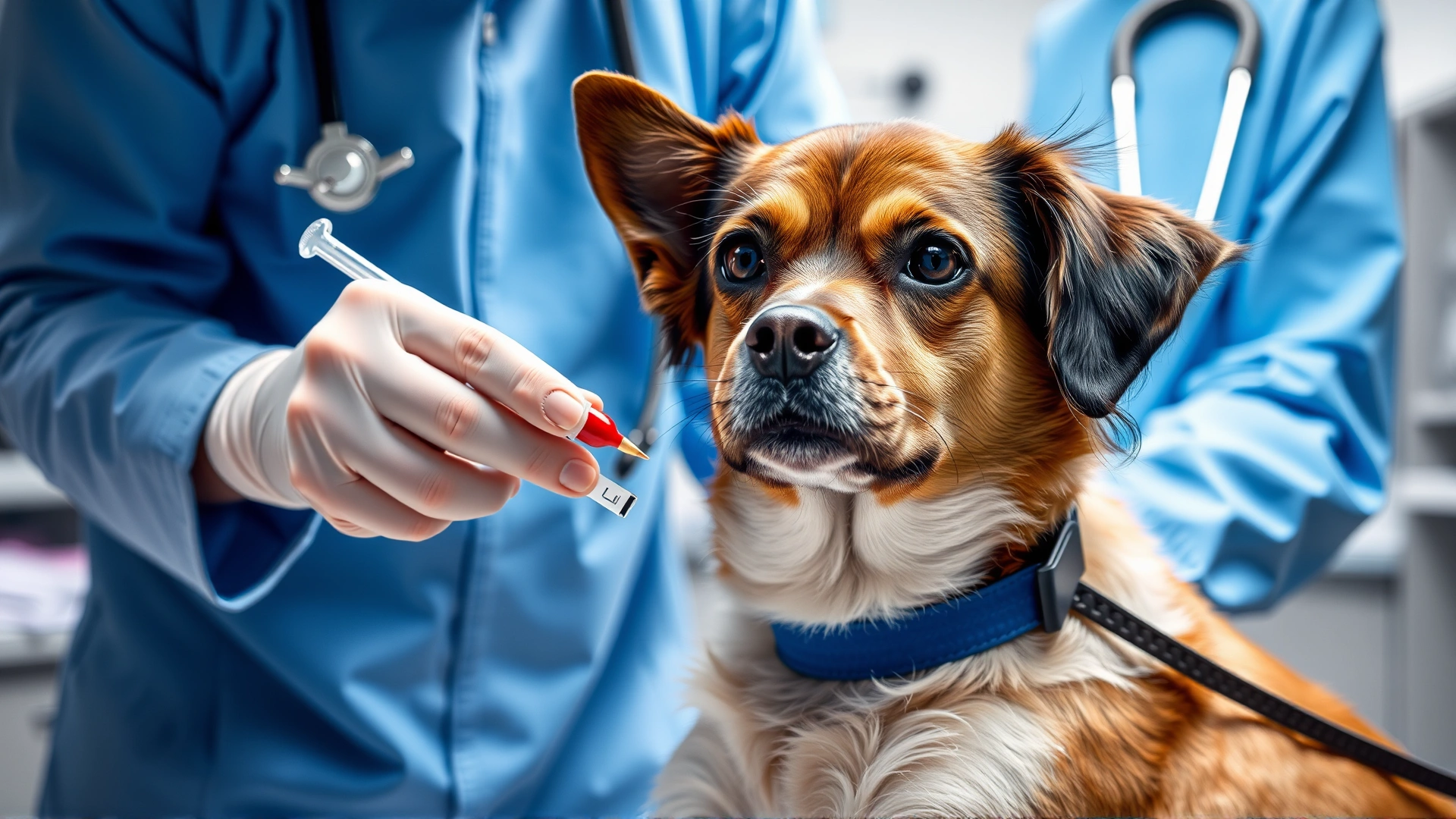 Veterinarian drawing blood from a dog’s front leg in a modern clinic, emphasizing laboratory monitoring.