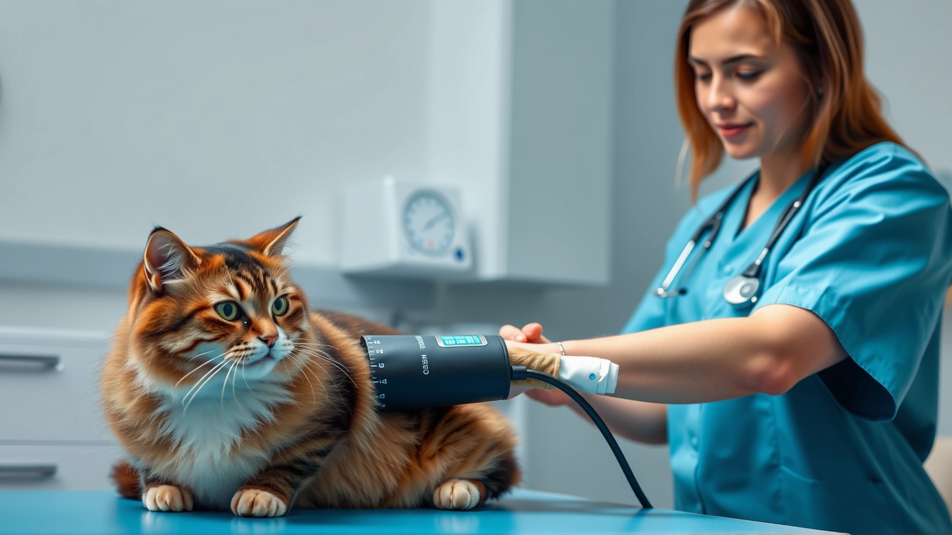 Veterinarian measuring a cat’s blood pressure with a small cuff on the forelimb, modern exam room, no text