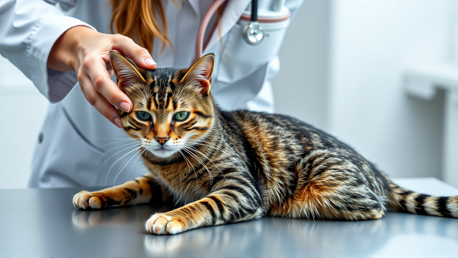 Veterinarian performing a gentle neurological reflex test on a calm tabby cat on an examination table.