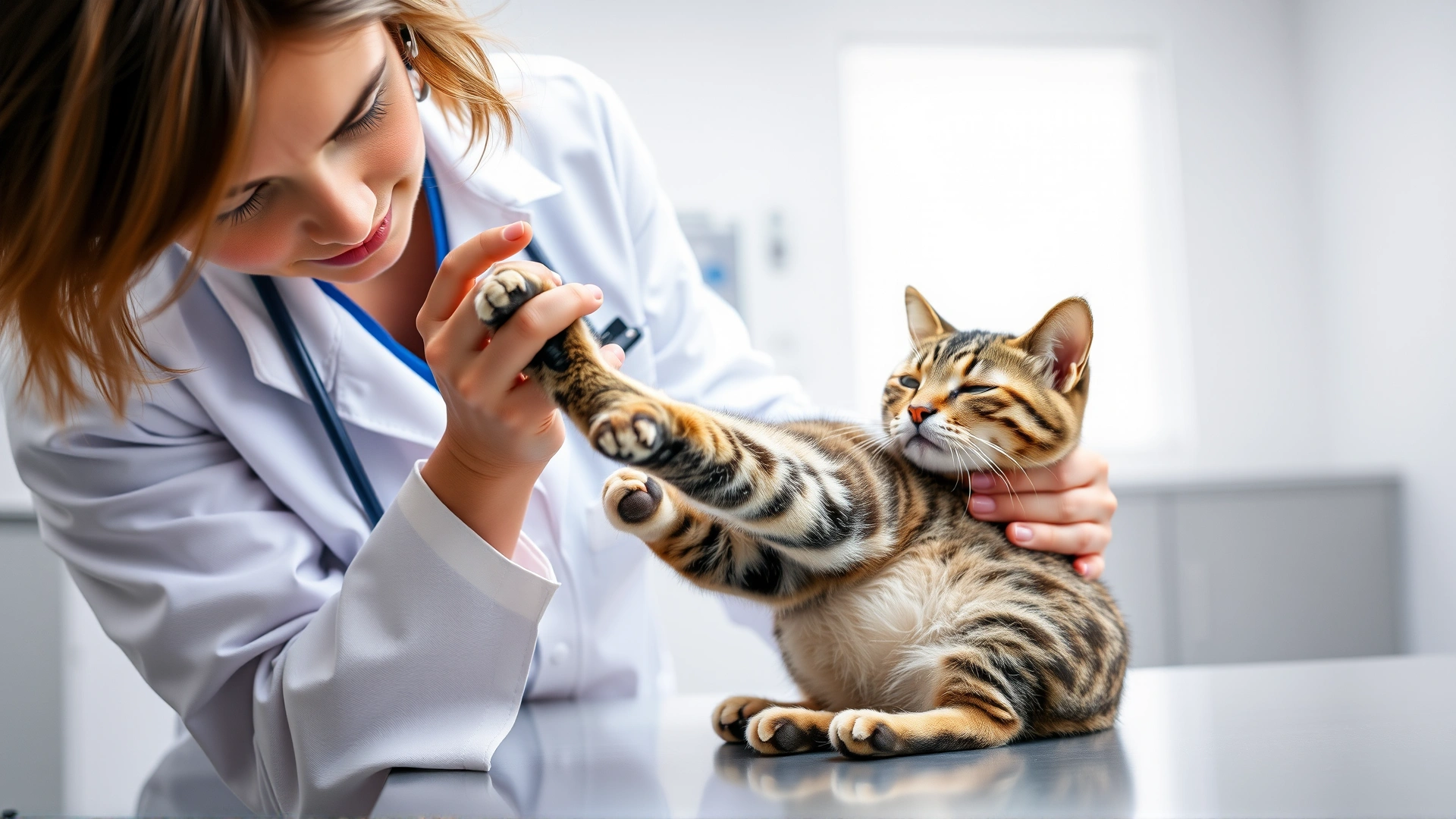 Veterinarian in a white coat gently performing a neurological paw reflex test on a calm tabby cat in a bright clinic exam room, no text.