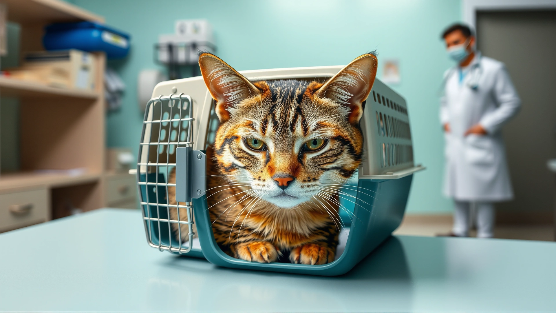 A calm cat sitting inside a carrier on a veterinary clinic table with a veterinarian approaching calmly in the background, signifying a stress-free vet visit.