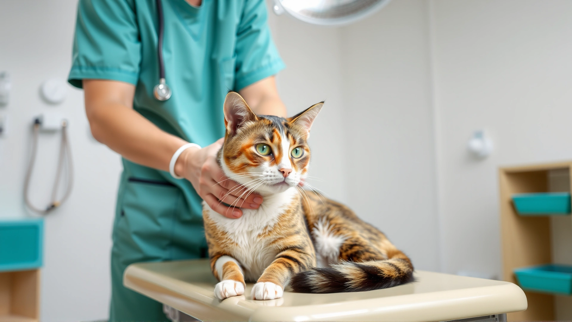 Photo of a veterinarian wearing teal scrubs palpating a calico cat on an exam table in a bright, modern veterinary clinic