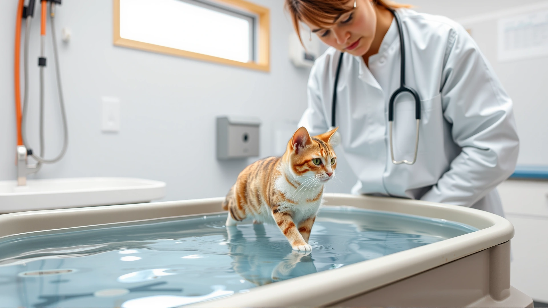 Image of a veterinarian performing hydrotherapy with a cat walking in a small water treadmill, bright clinical environment