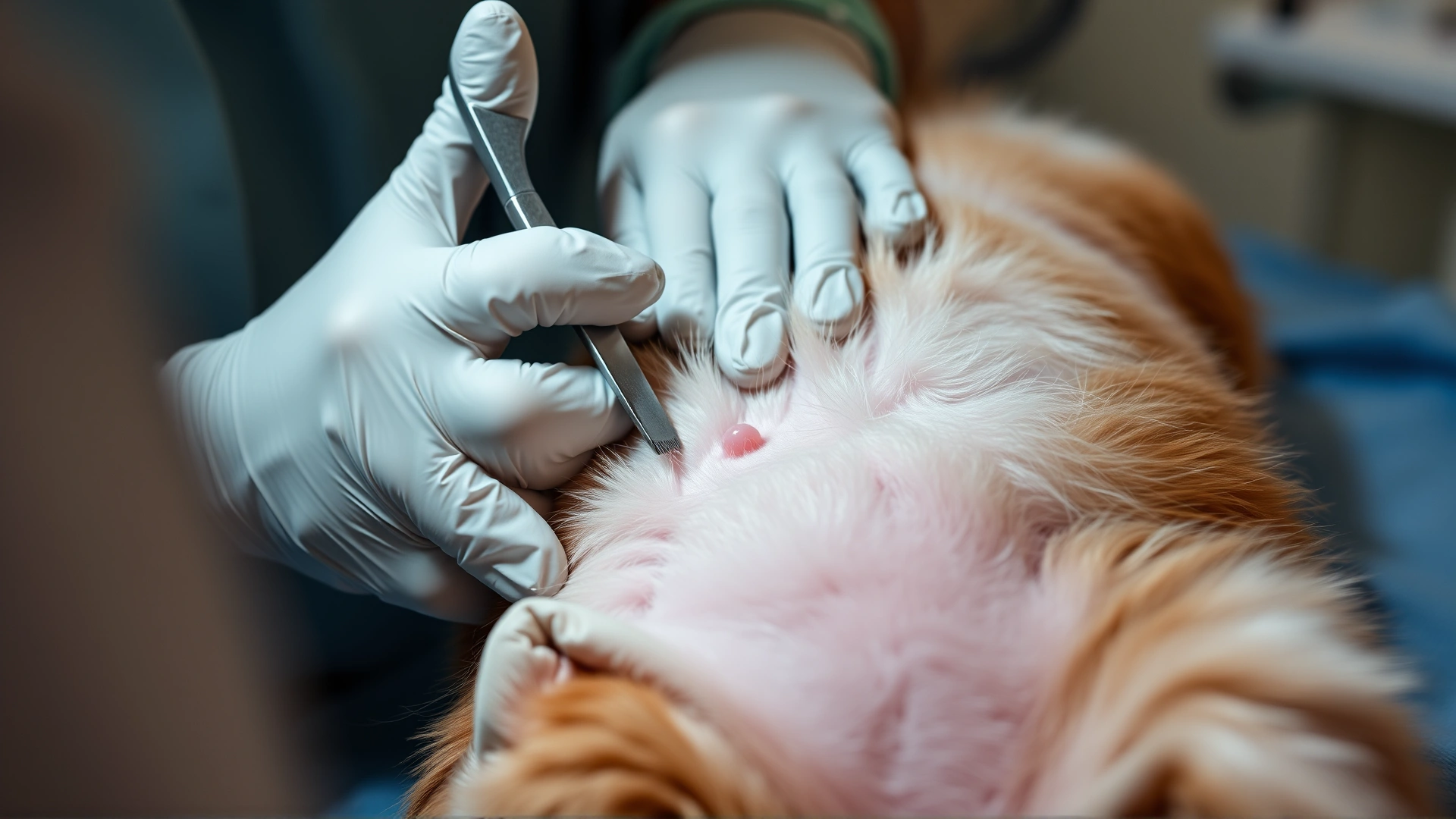 Close-up shot of surgical preparation: gloved veterinarian shaving a small area on a cat's abdomen before spay surgery; sterile environment; focus on hands and cat fur.