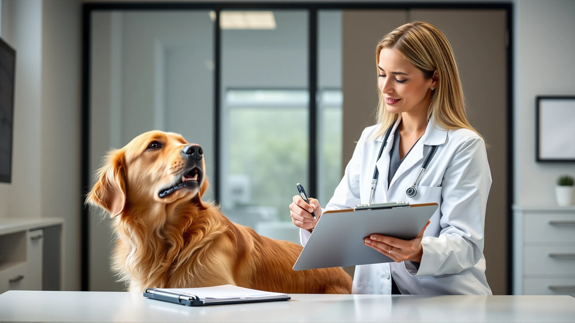 Female veterinarian in white coat gently examining a golden retriever in a modern clinic while writing a prescription on a clipboard.