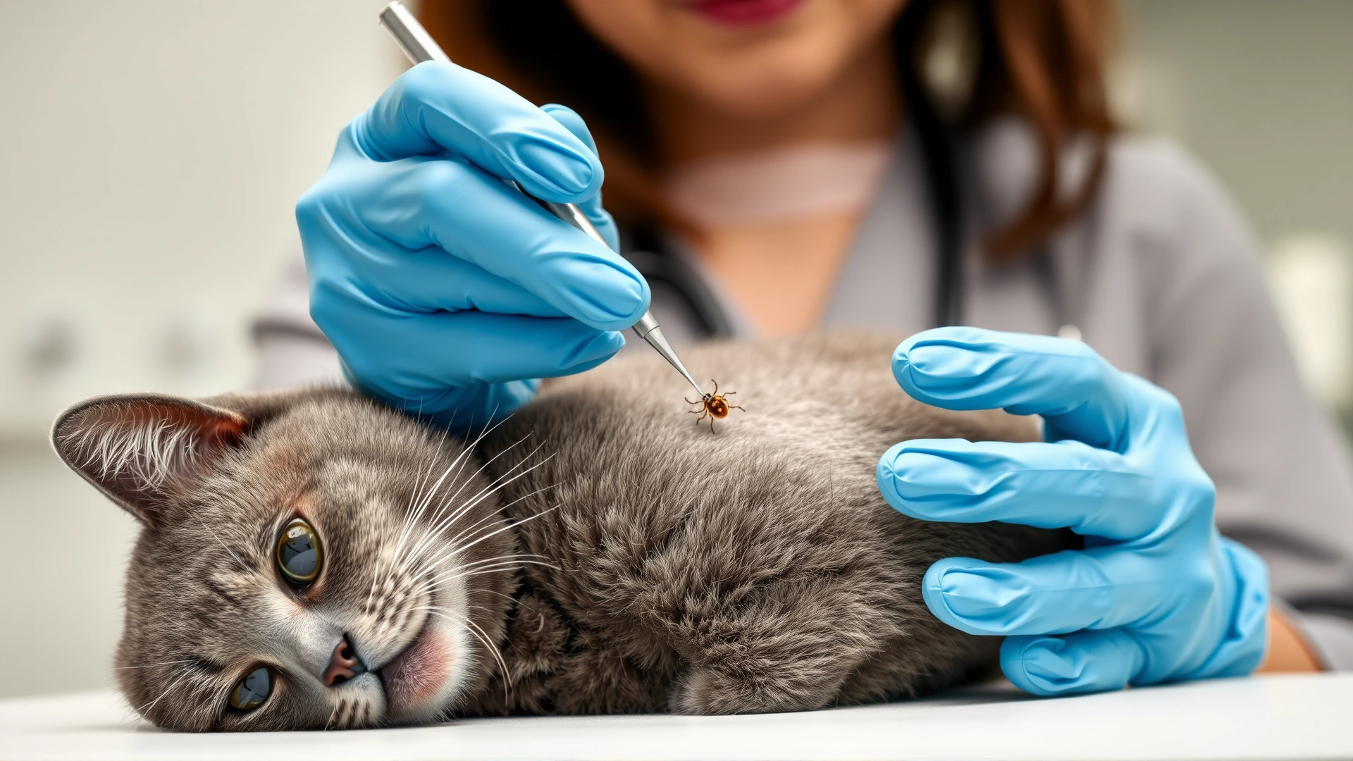 Veterinarian wearing blue gloves using a tick-removal tool to carefully extract a tick from a grey cat’s neck, clinical background, no text.