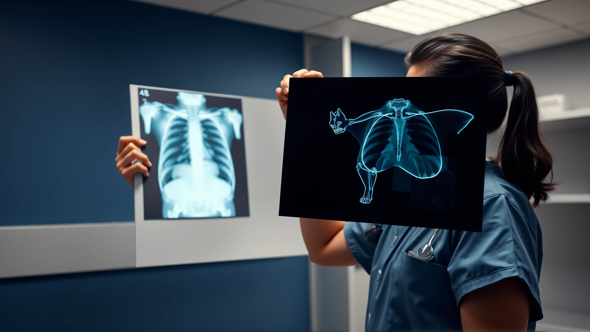 Veterinarian in scrubs holding up and examining a cat chest X-ray film against a light board in a modern clinic.