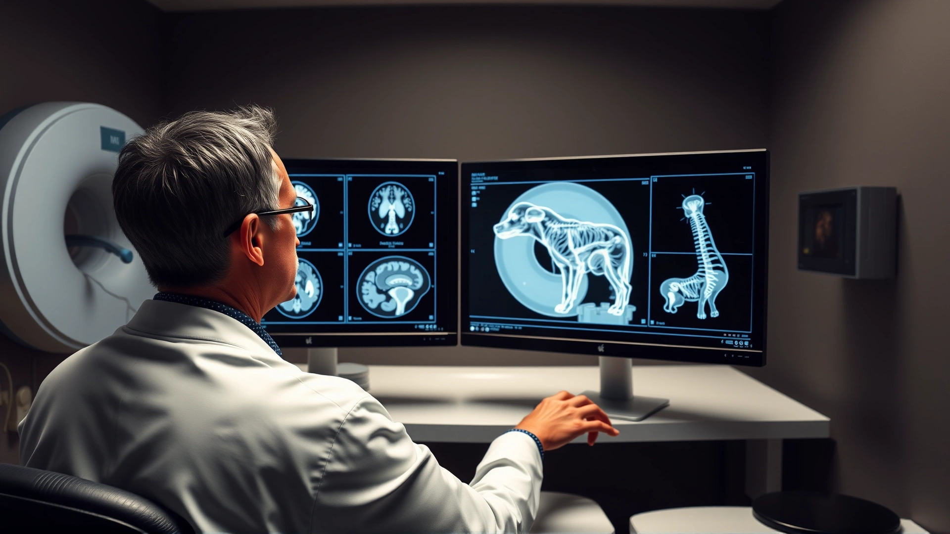 Veterinary radiologist looking at high-resolution MRI images of a dog's brain and spine on dual monitors in a darkened reading room