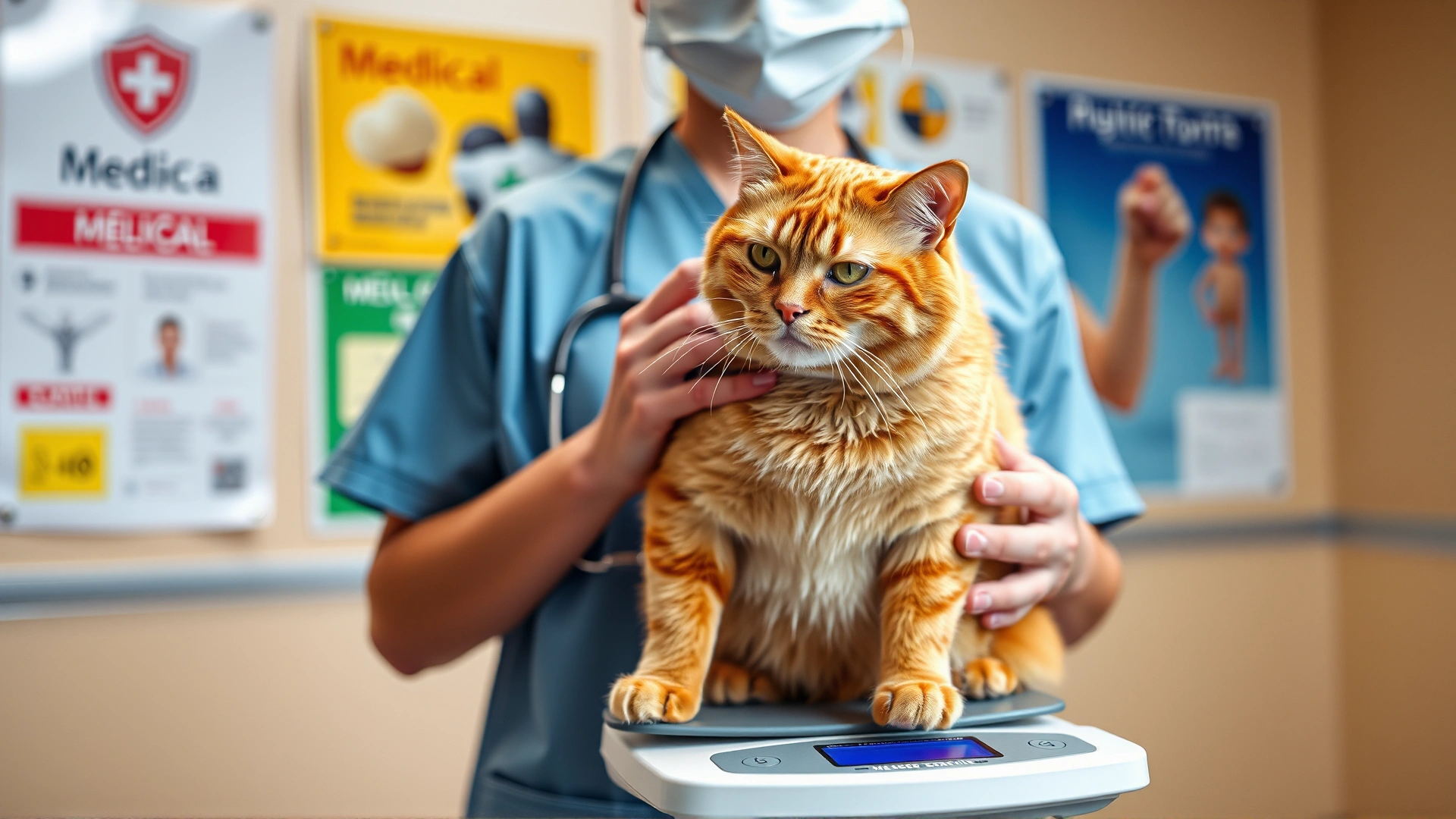 Veterinarian in a modern clinic gently weighing an overweight ginger cat on a digital scale; medical posters blurred in the background.