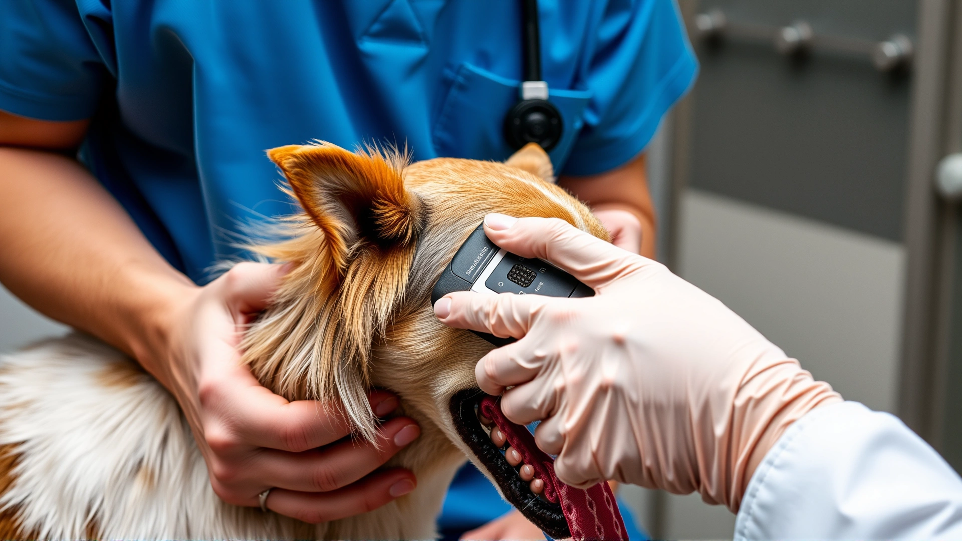 Veterinarian passing a microchip scanner over a dog’s shoulder to read the embedded chip during a routine check.