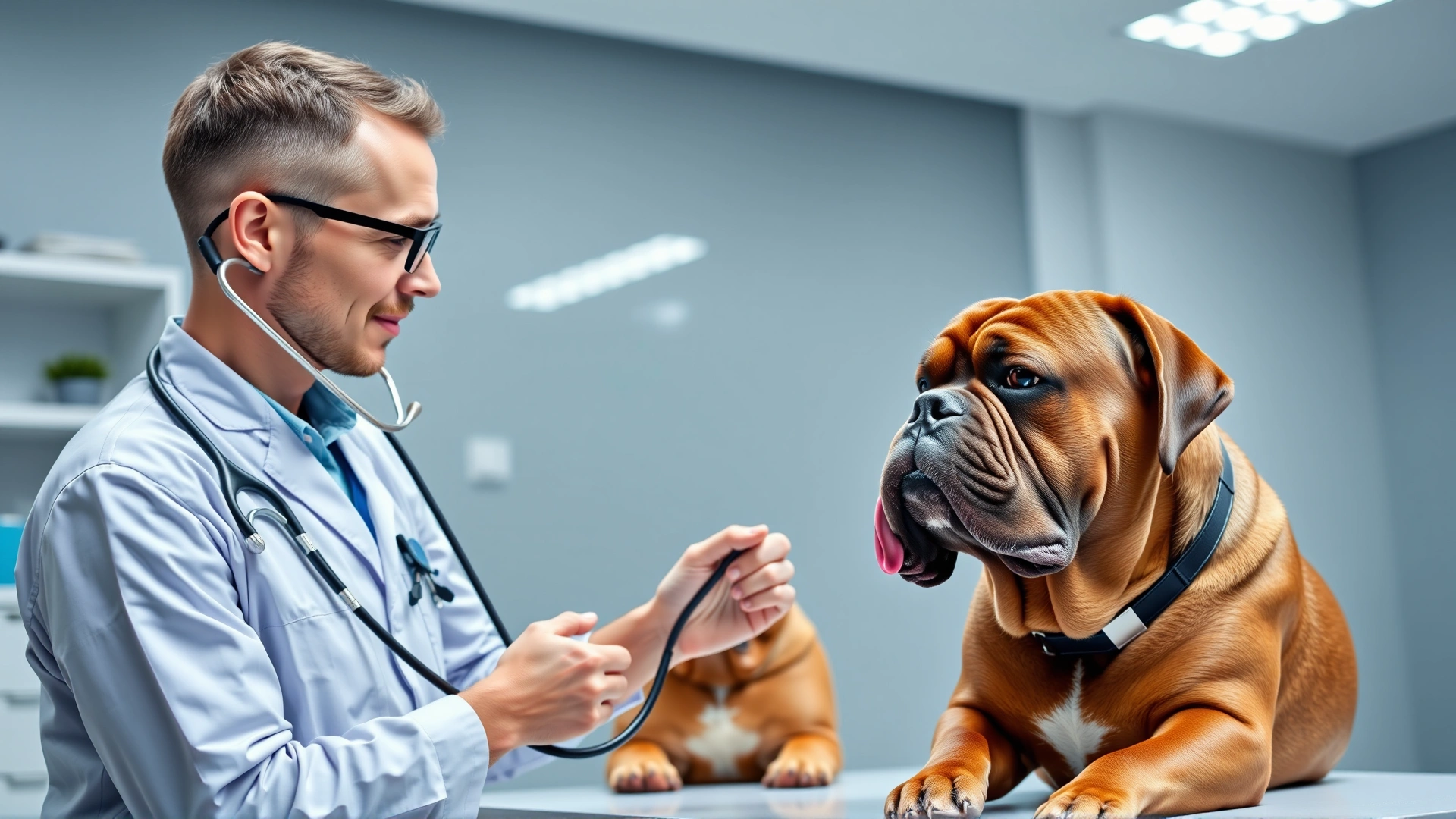 Veterinarian using a stethoscope to examine a relaxed Dogue de Bordeaux in a modern vet clinic, bright and reassuring atmosphere
