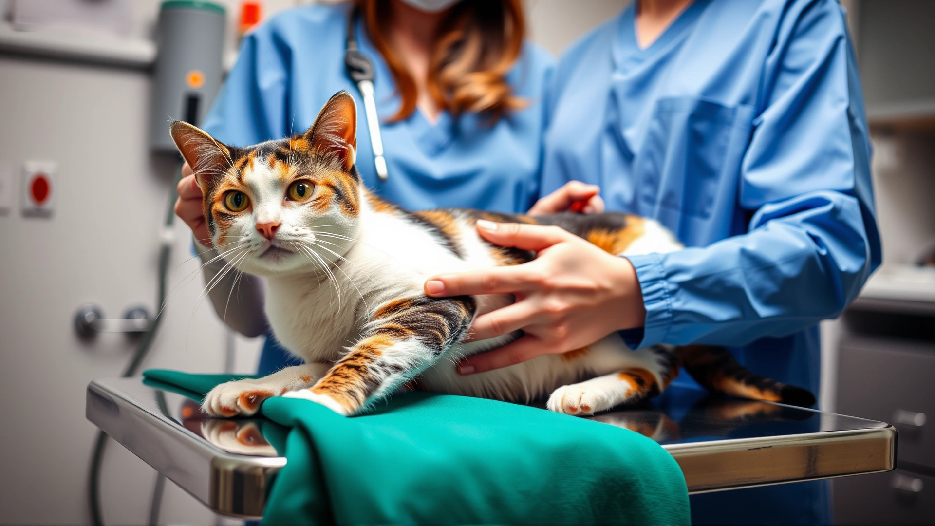 Veterinarian in blue scrubs gently holding a calico cat on a stainless examination table, preparing for a spay procedure, bright and sterile clinic setting.