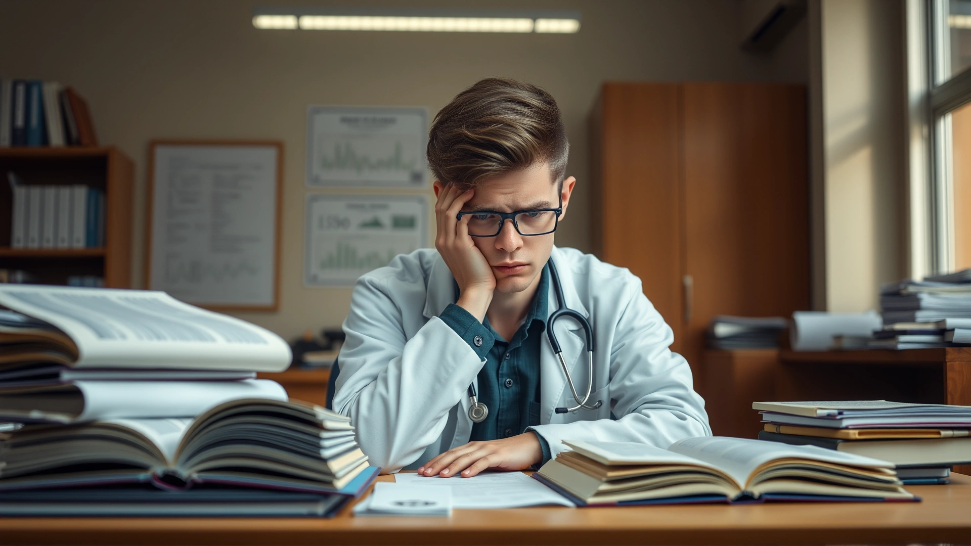 A worried veterinary student sitting at a desk surrounded by open textbooks and bills, soft indoor lighting, shallow depth of field