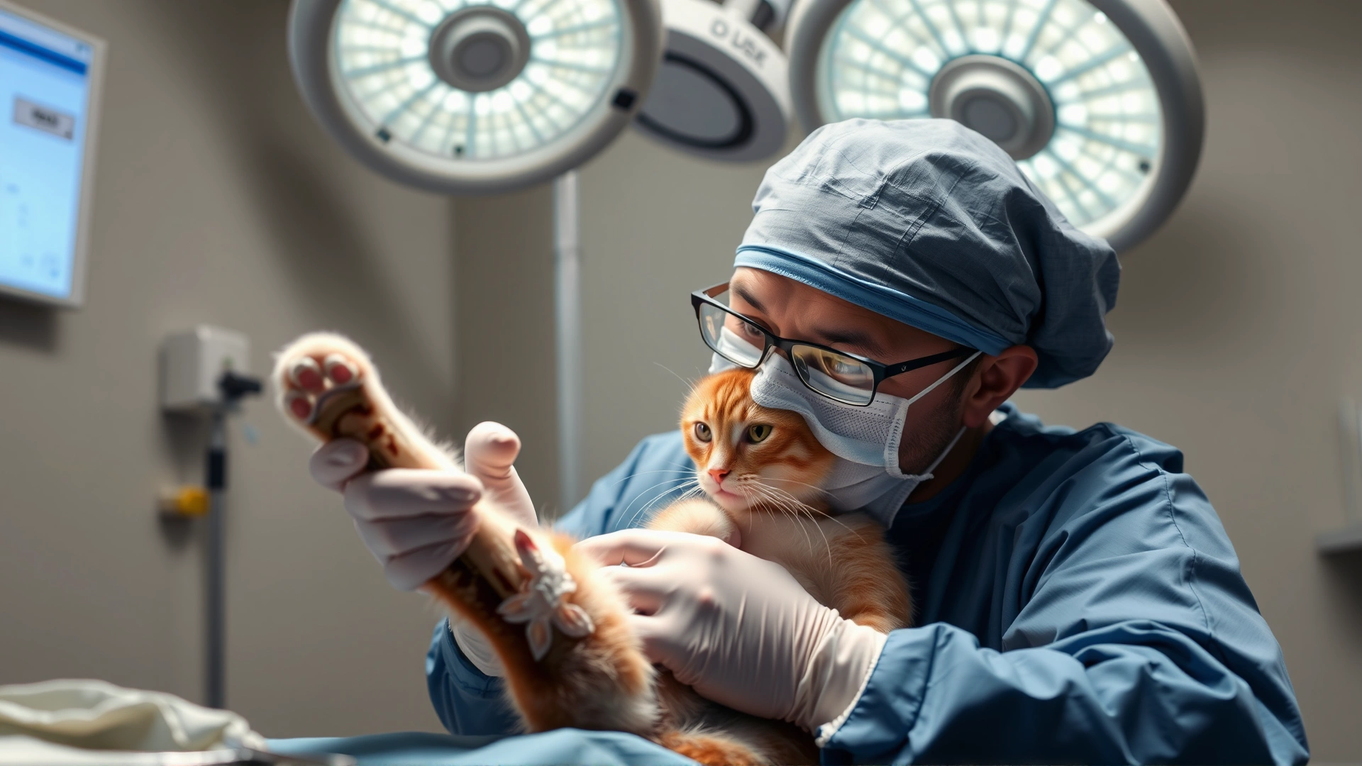 Veterinarian in surgical attire performing orthopedic surgery on a cat's leg in a sterile operating room.