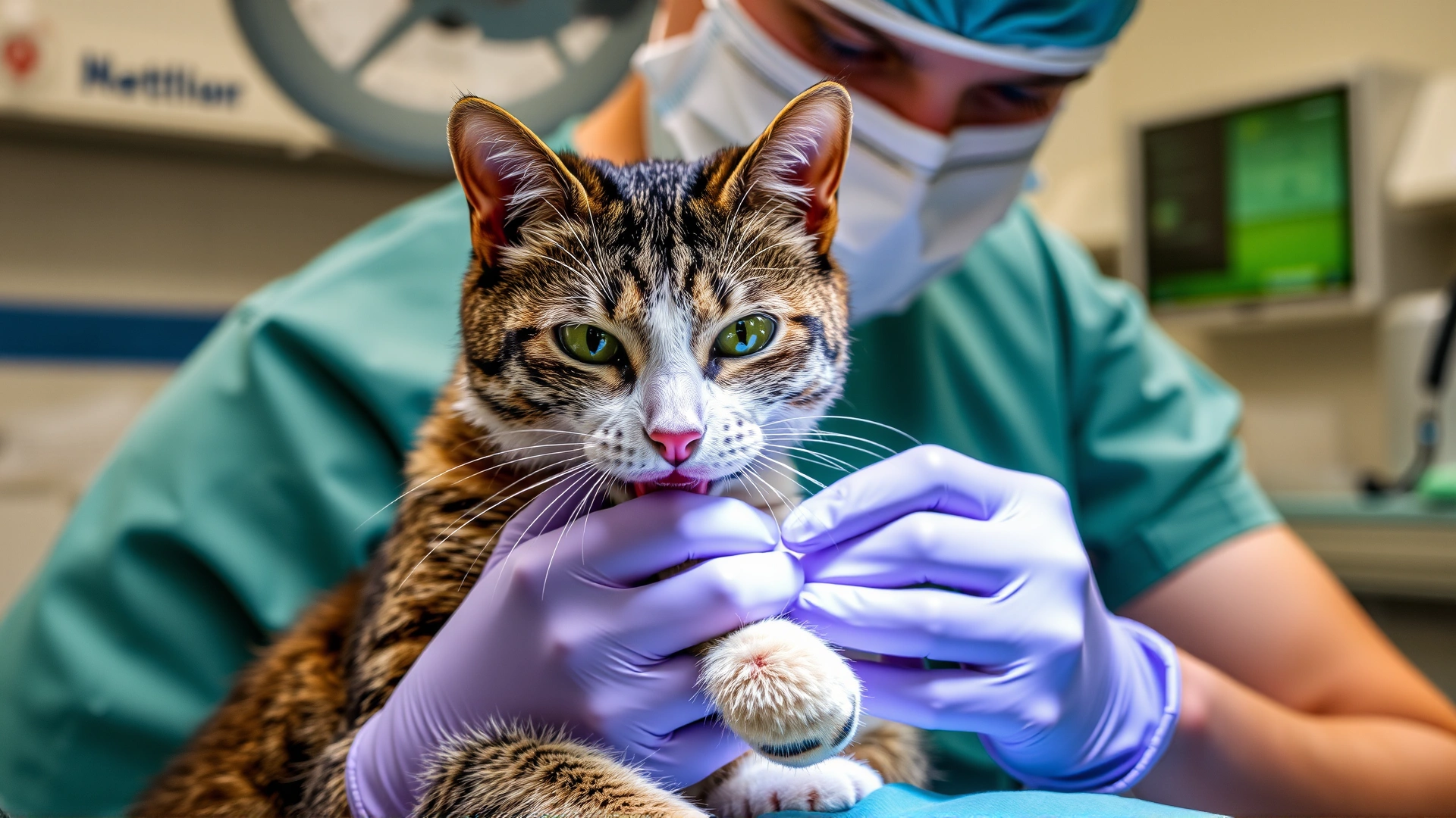 Veterinarian wearing surgical gloves performing gingivectomy on a sedated cat in an operating room