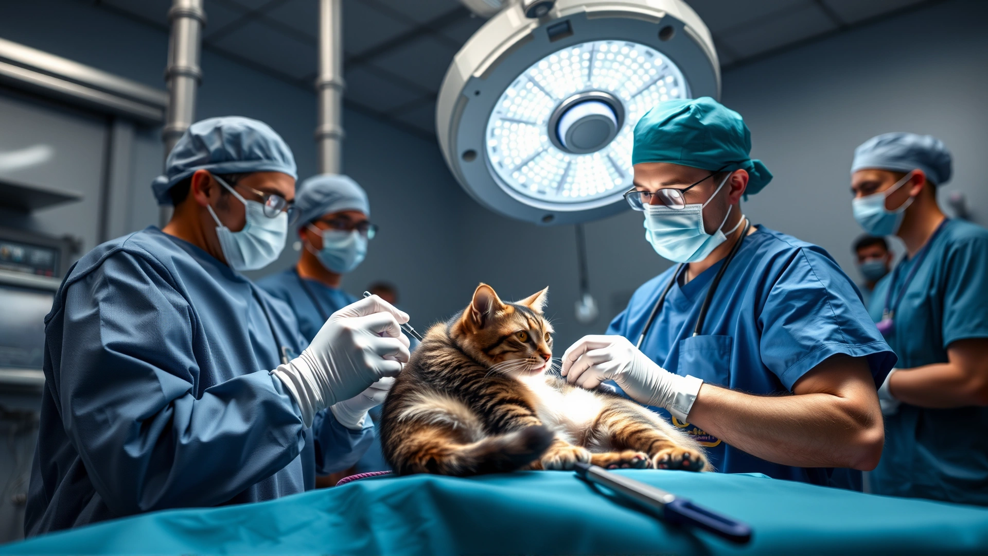 Sterile operating room scene: veterinary surgeon in scrubs performing thoracic surgery on a cat, assistants in background, focus on surgical field, no text.